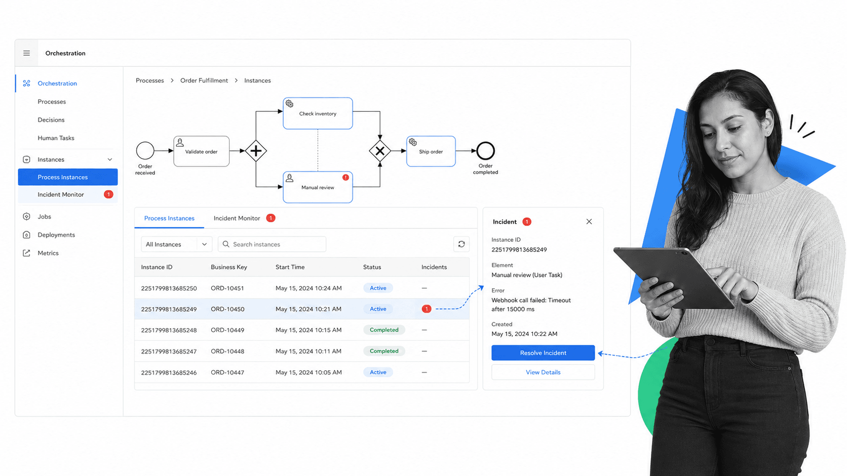 Camunda product interface as a Flokzu alternative for developer-led BPMN orchestration across people, systems, and services