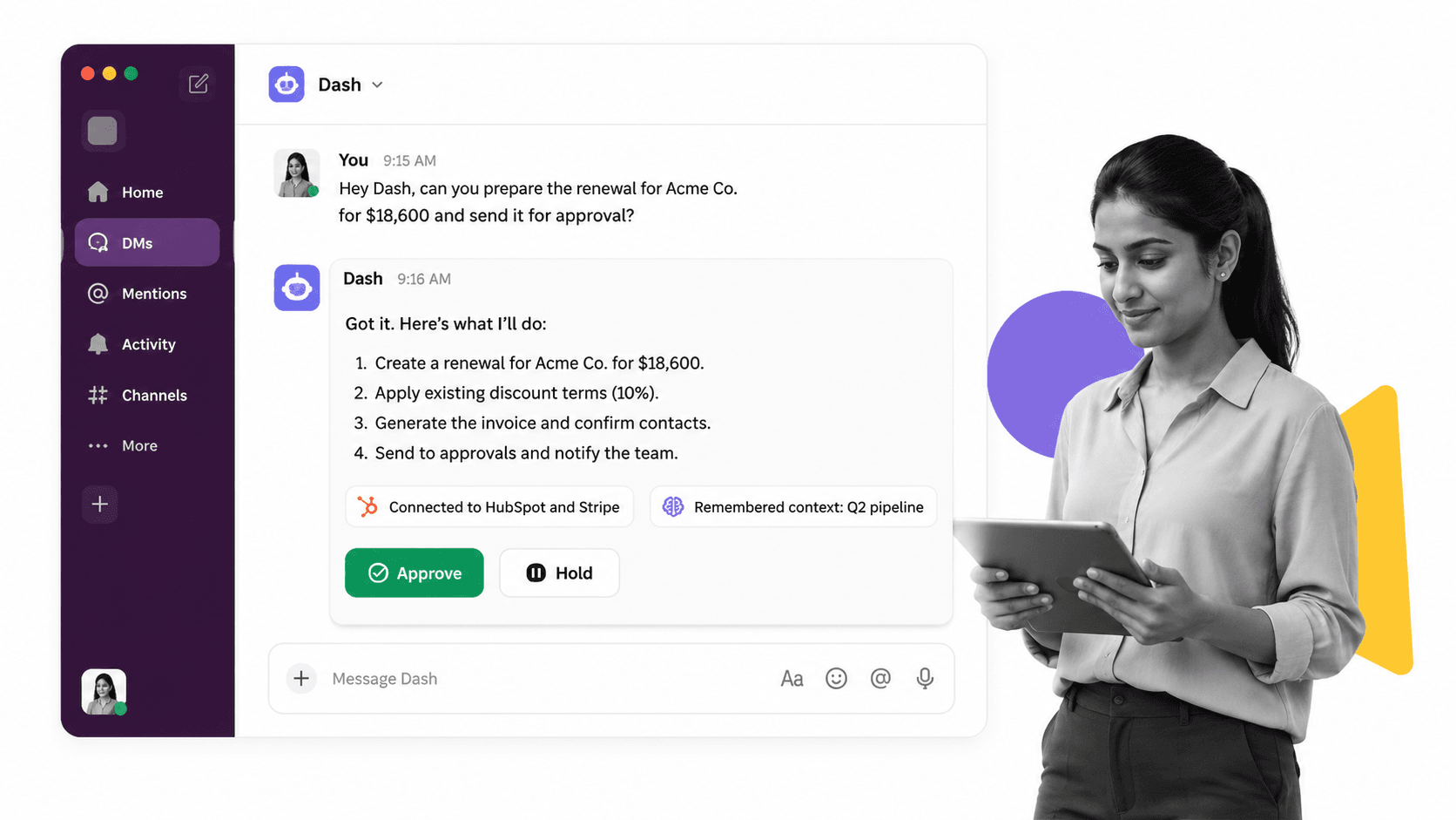 Dash Slack DM with an AI coworker reply and inline Approve and Hold buttons