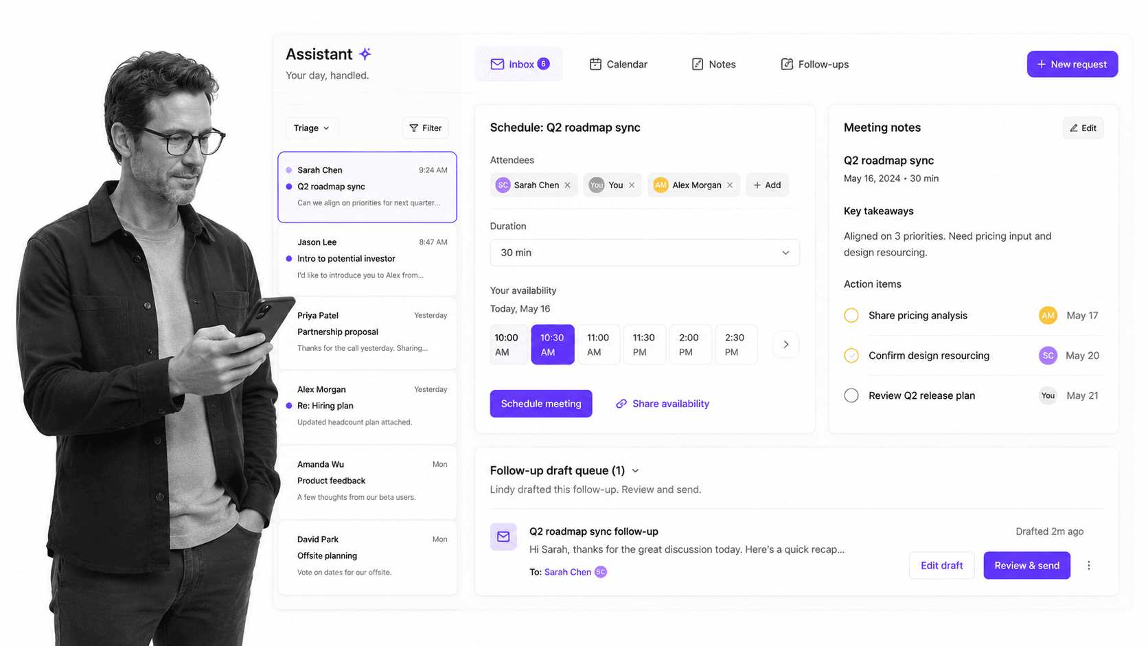 Lindy assistant dashboard with inbox triage, meeting notes, and follow-up queue