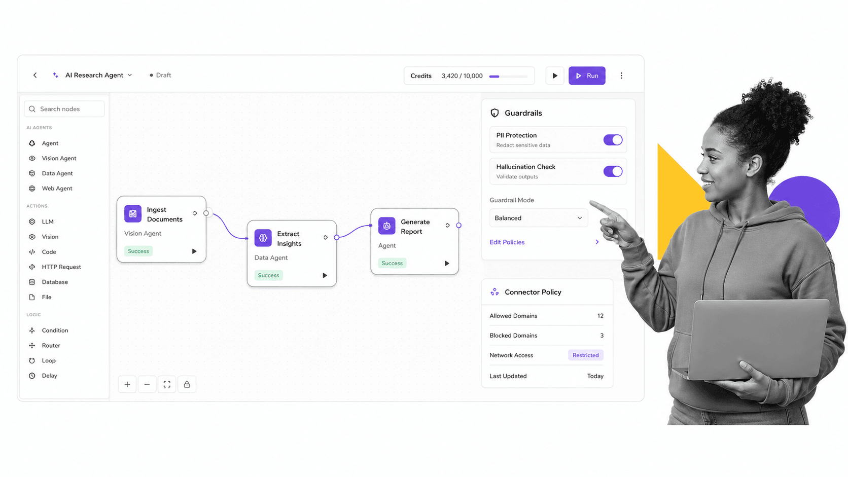 Gumloop visual AI workflow canvas with guardrails and credits meter
