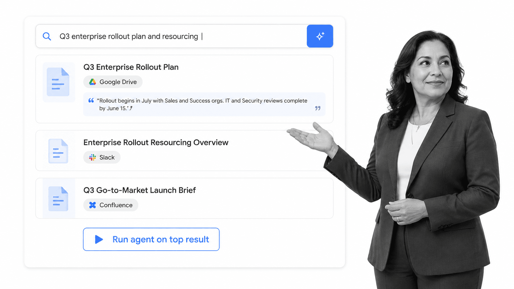 Glean Agents enterprise search results with cited document cards and an agent action chip
