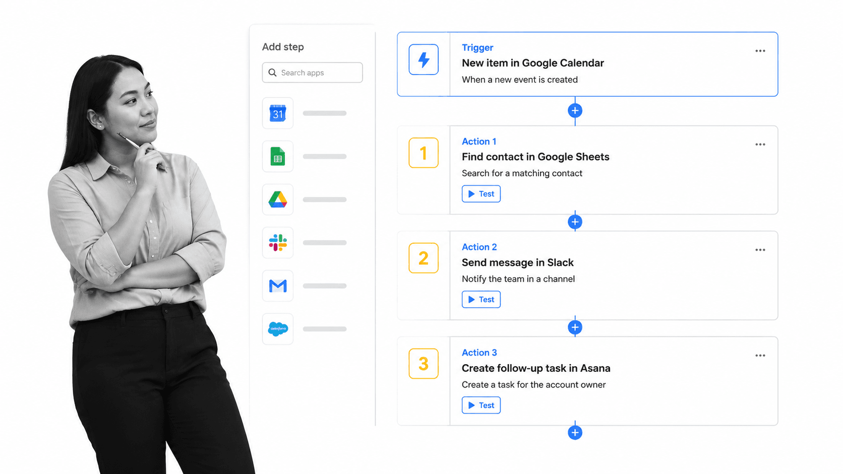 Zapier Agents vertical step builder with a trigger card, numbered action cards, and an app rail