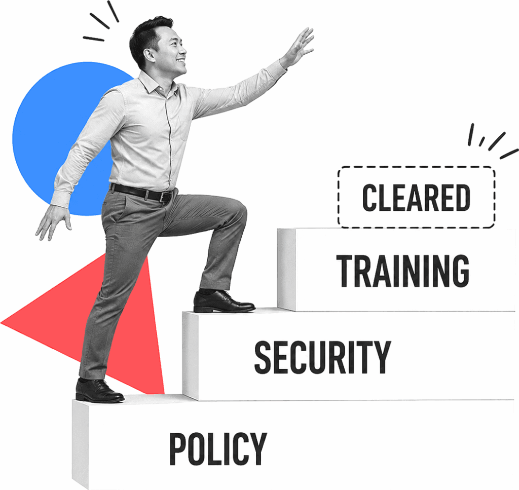 A government contracting operations lead climbs labeled onboarding readiness steps.