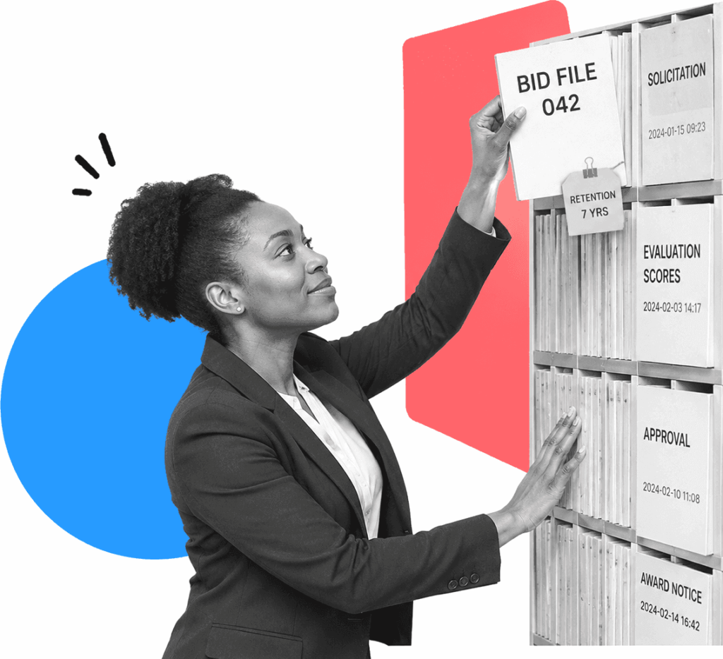 Illustration of a public sector procurement officer reaching up to pull a labeled bid file from a tall wall of timestamped procurement records marked solicitation, evaluation, approval, and award.