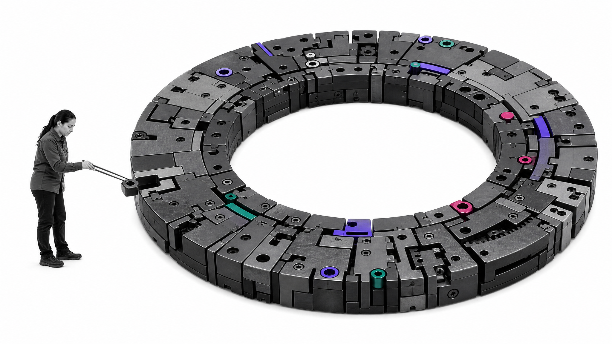 A small black-and-white operations specialist installs the final component in a precision ring assembled from many small parts