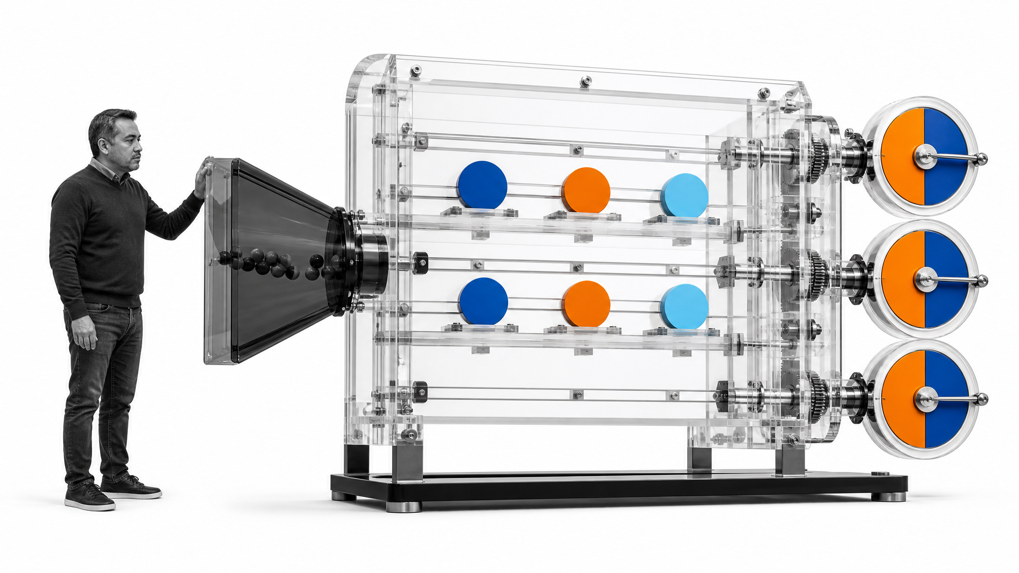 Black-and-white culture operator aligning a transparent decision mechanism with input, evidence chamber, and synchronized outputs