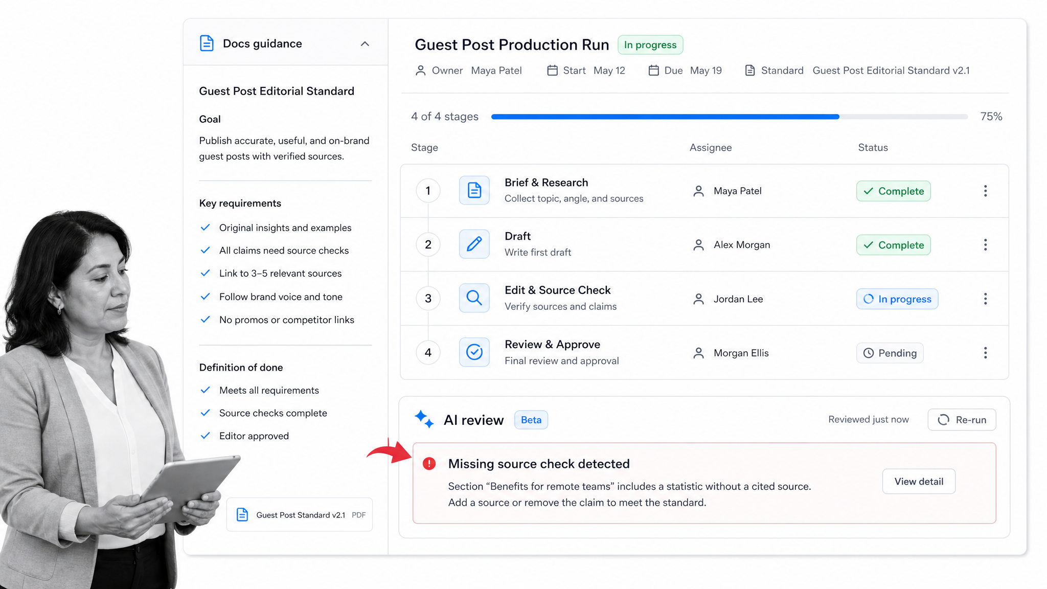 Content operations lead reviewing Docs guidance, Ops stages, and an AI source check