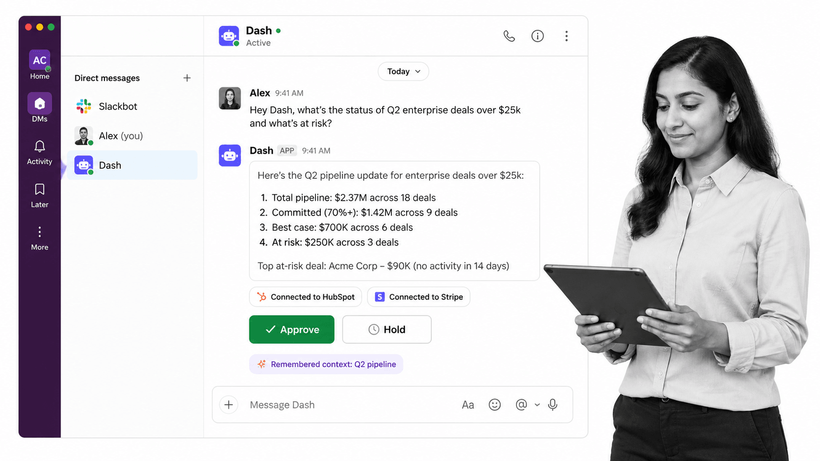 Dash Slack DM with an AI coworker reply and inline Approve and Hold buttons