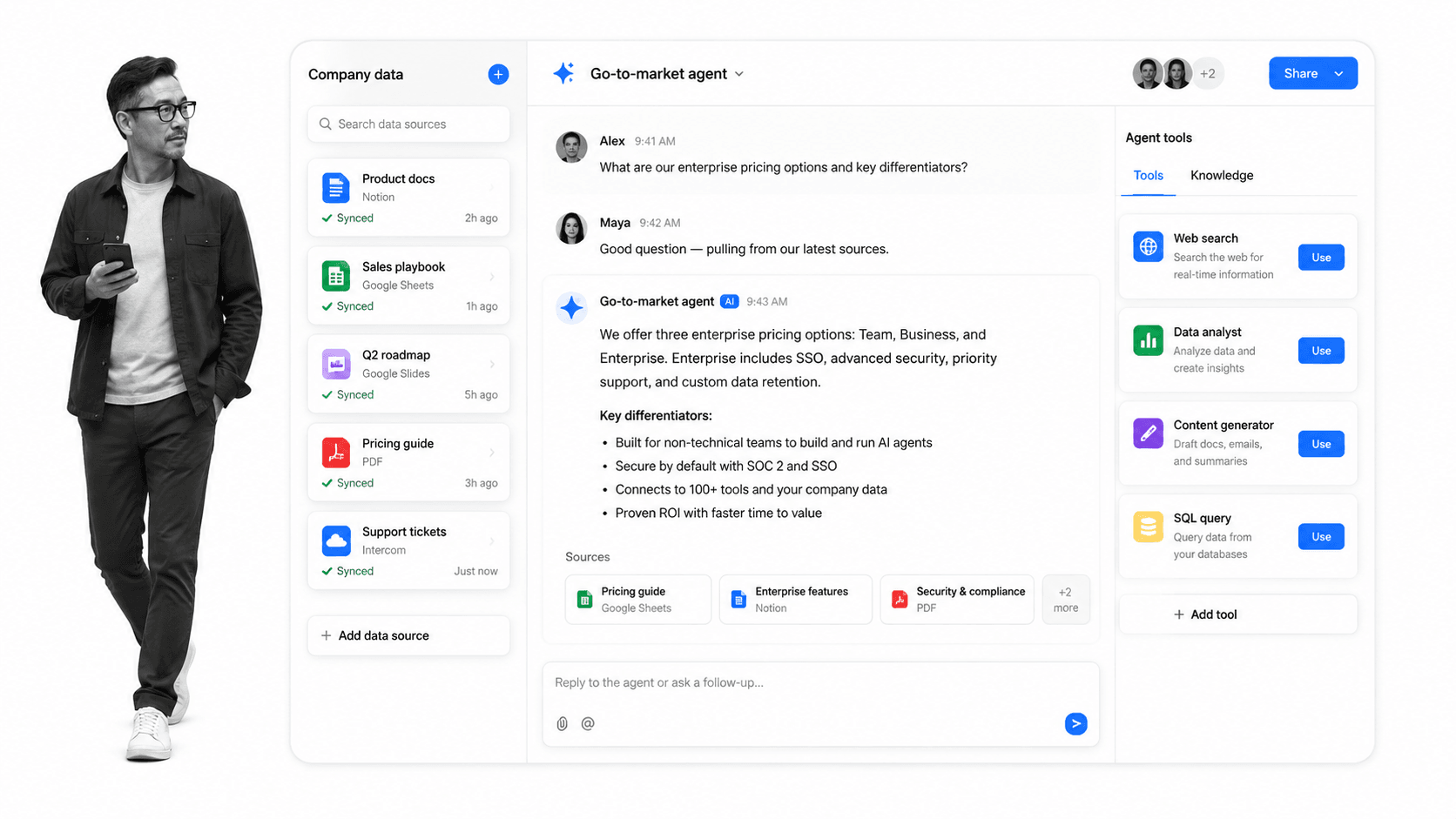 Dust multiplayer agent workspace with company data source cards and cited source chips