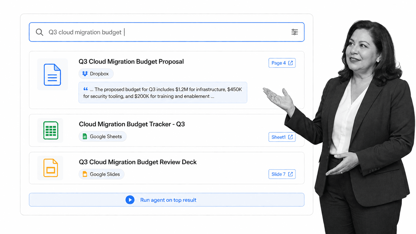 Glean Agents enterprise search results with cited document cards and an agent action chip
