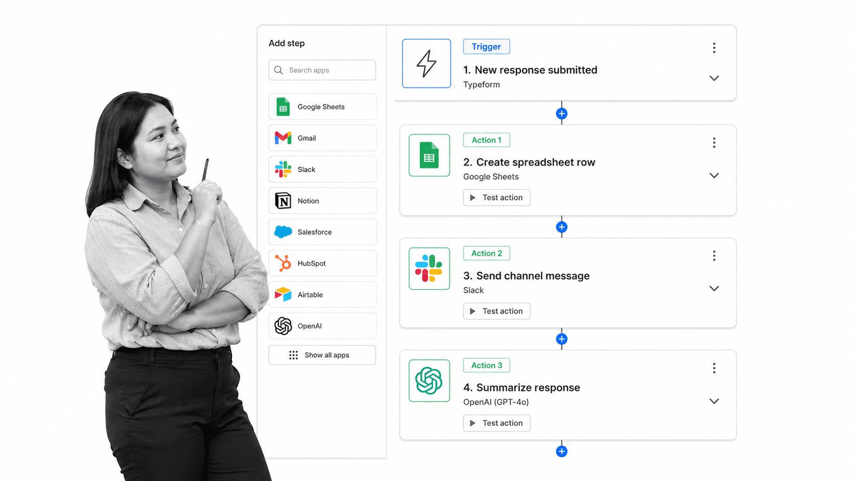 Zapier Agents vertical step builder with a trigger card, numbered action cards, and an app rail