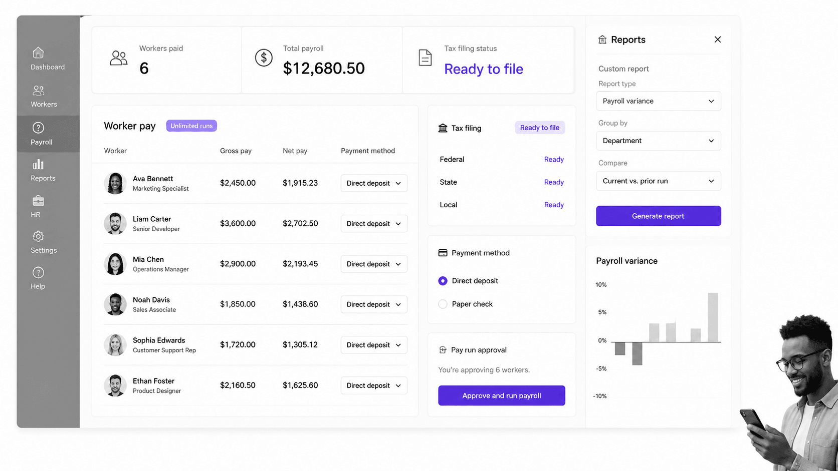 OnPay unlimited payroll runs with automated tax filing and HR basics