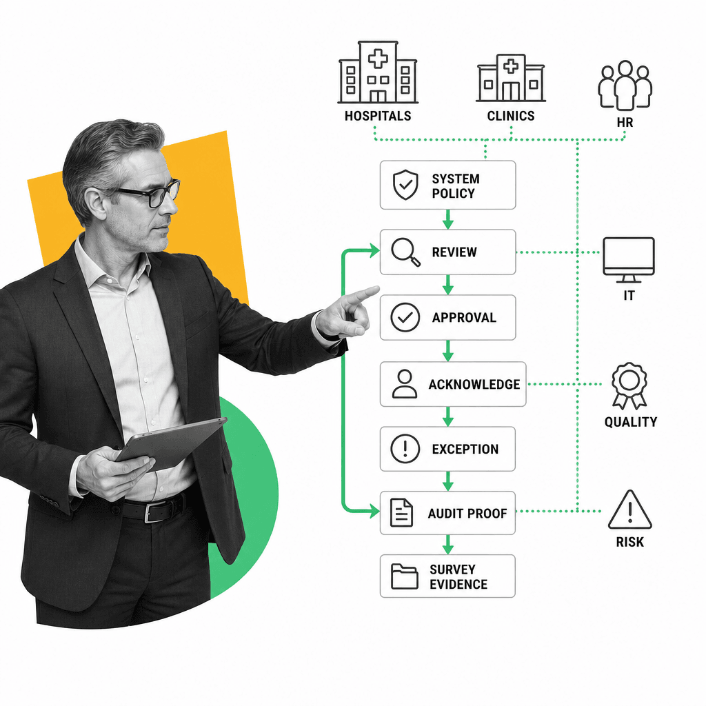A health system compliance leader reviews policy workflow cards across connected facilities.
