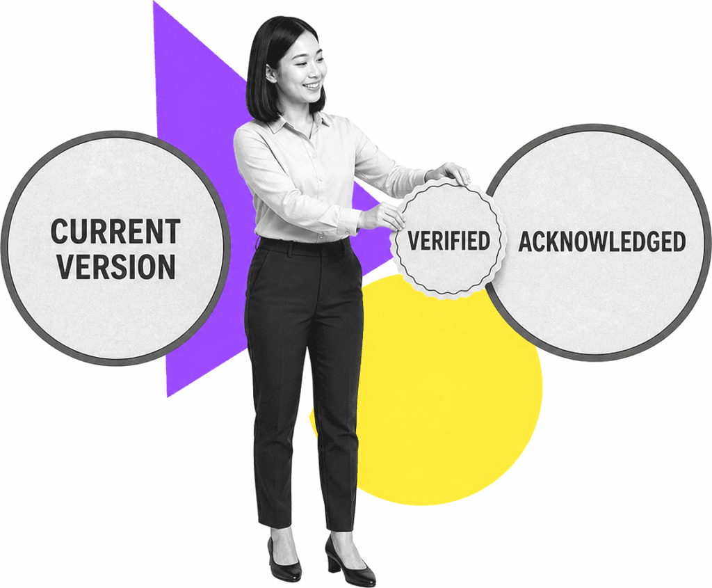A hospital compliance manager connects Current Version and Acknowledged checkpoints with a Verified seal.