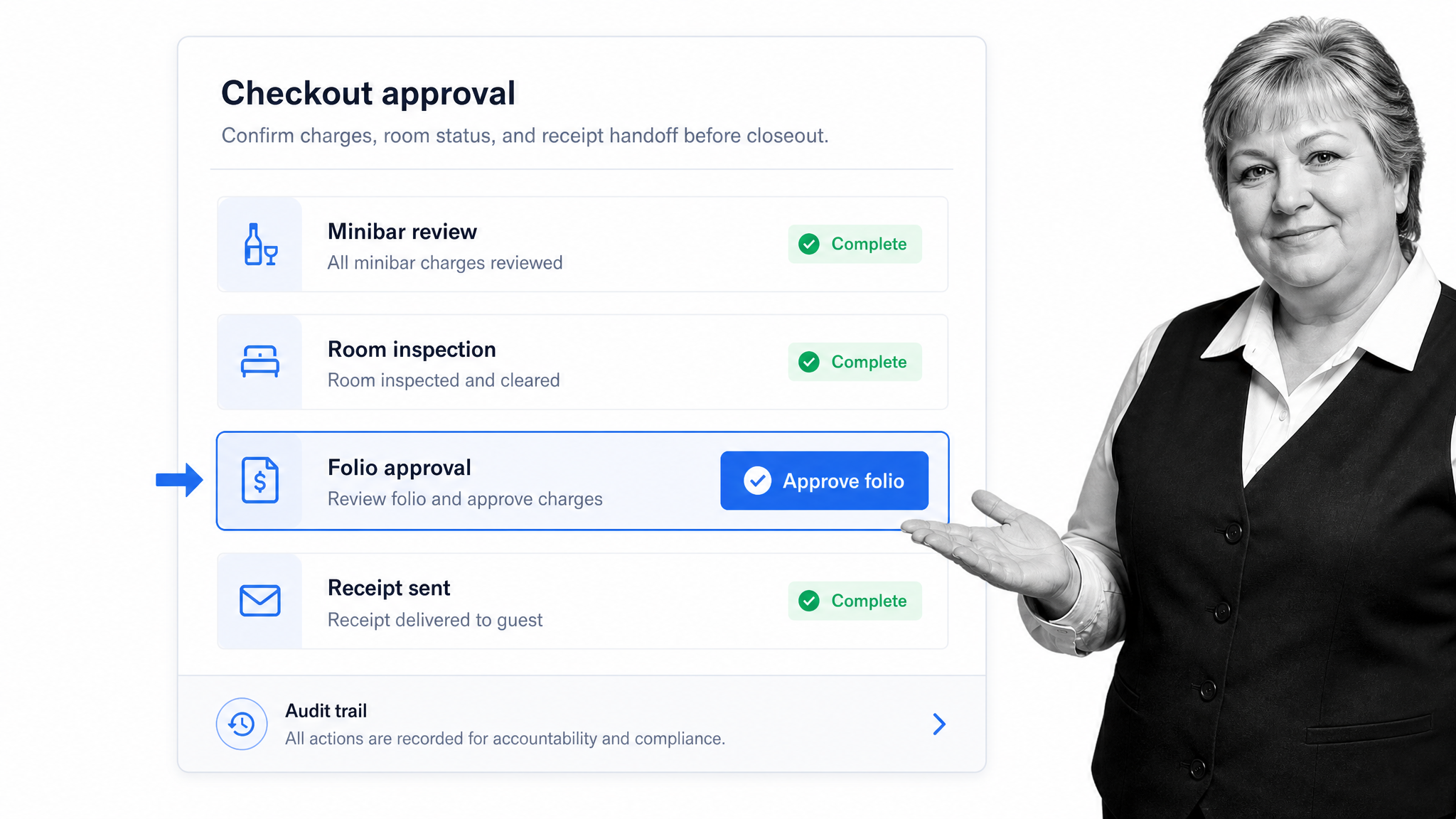 Process Street style hotel checkout approval workflow with room inspection, folio review, receipt sent, and audit trail status.