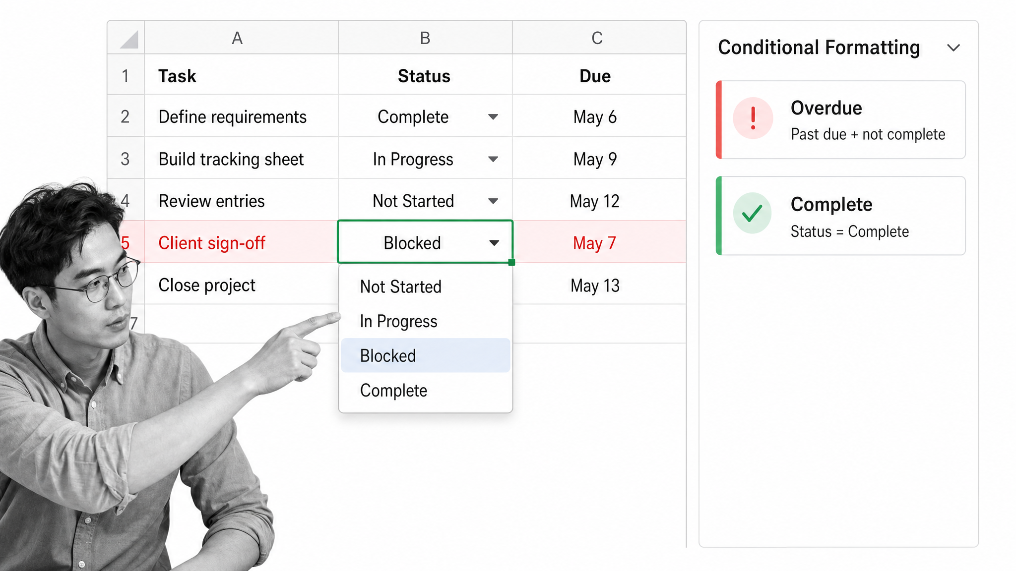 Excel workflow table using a status drop-down and conditional formatting to flag overdue work
