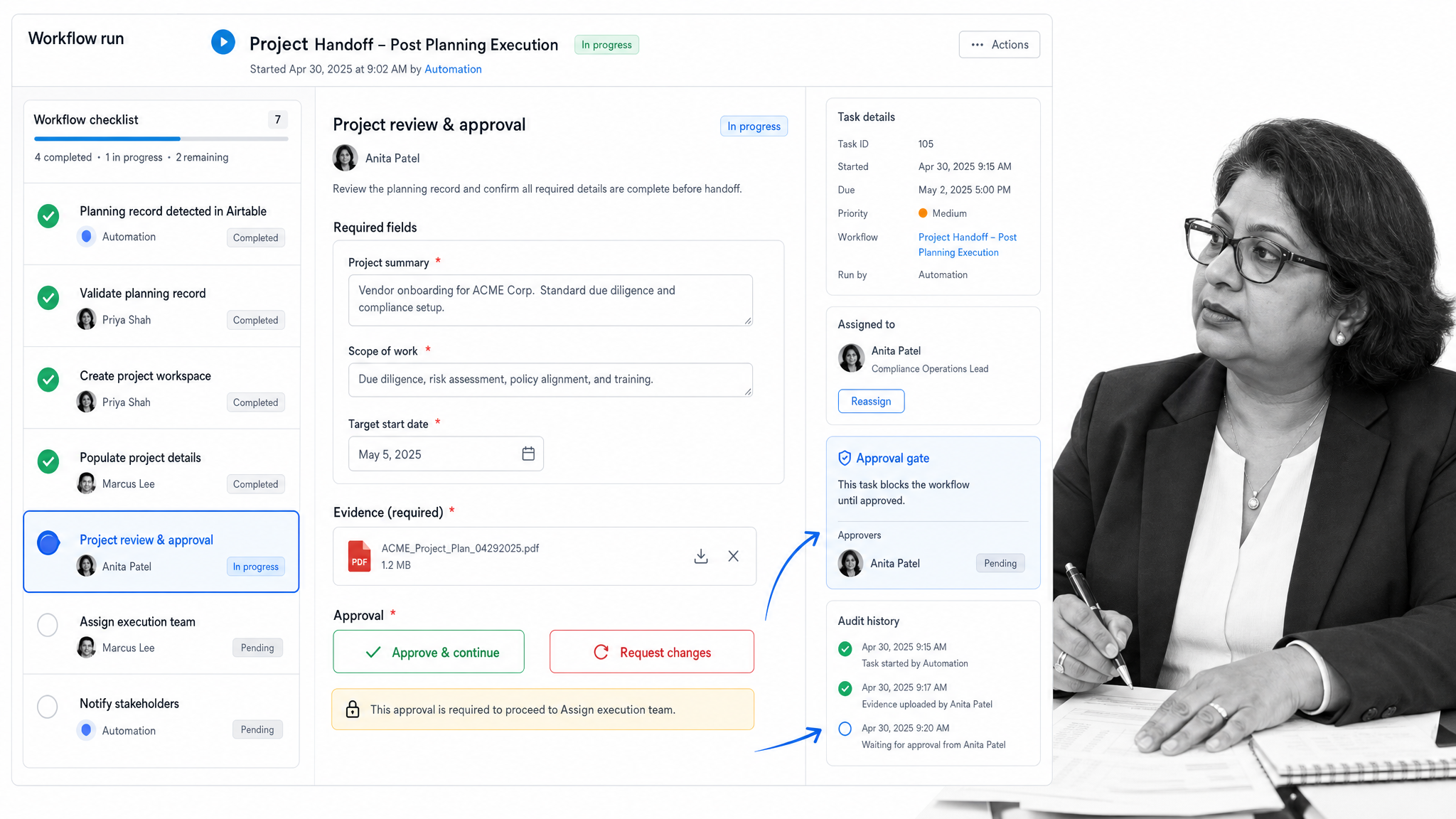 Process Street workflow run enforcing project handoffs with approvals, required fields, and audit history