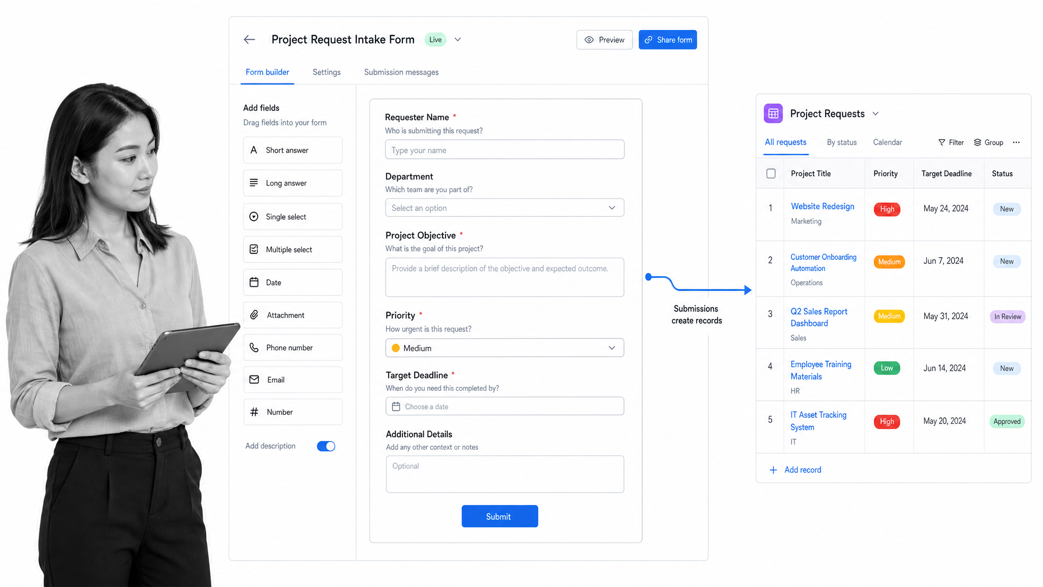 Airtable project intake form for collecting project requests into a project management base