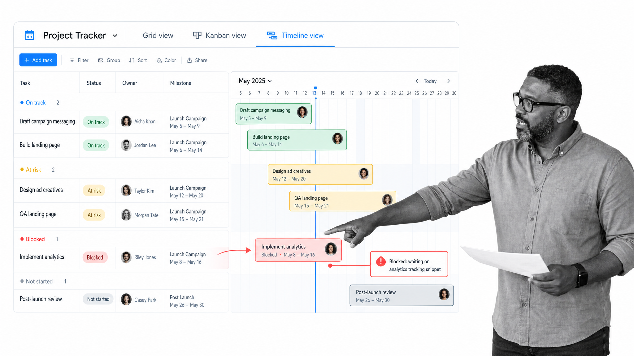 Airtable project tracker views showing task records, owners, status, and timeline planning