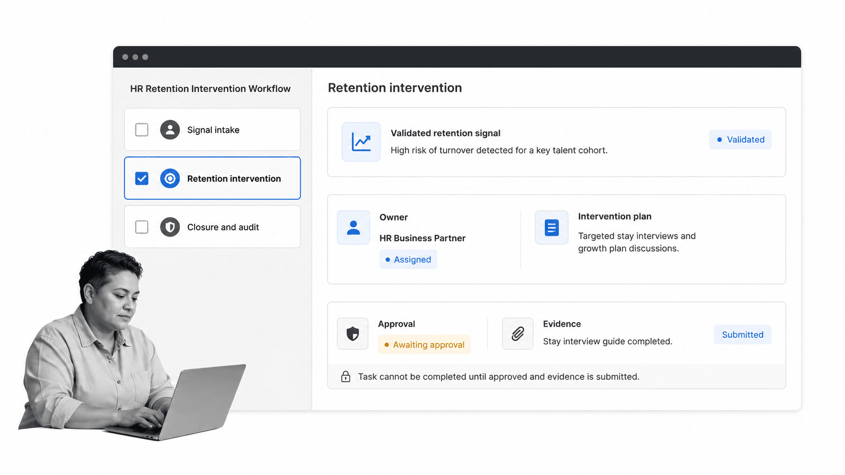 Process Street HR analytics action workflow with a selected retention intervention task