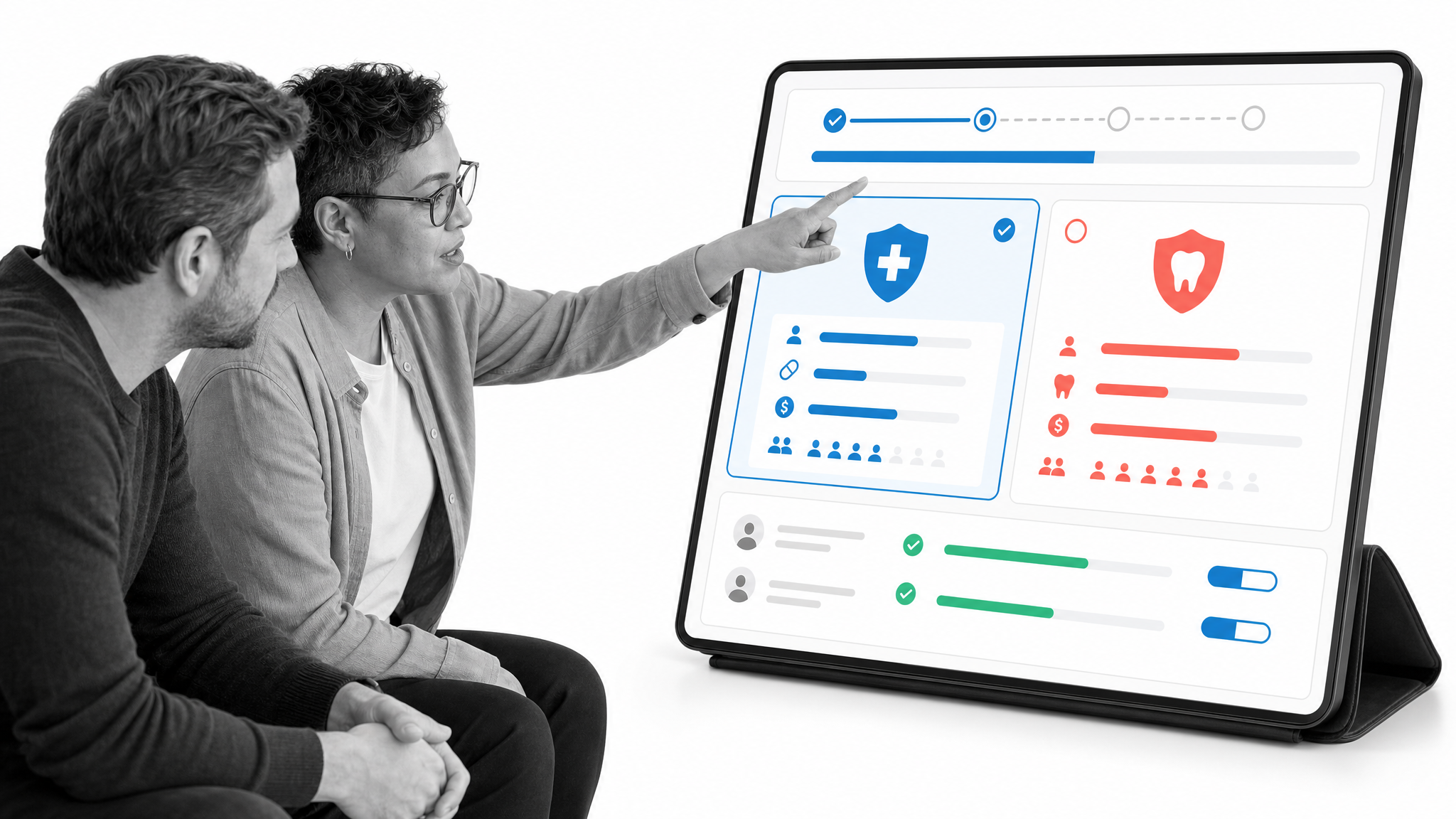 Justworks benefits dashboard with plan options, employee enrollment progress, payroll, and action items