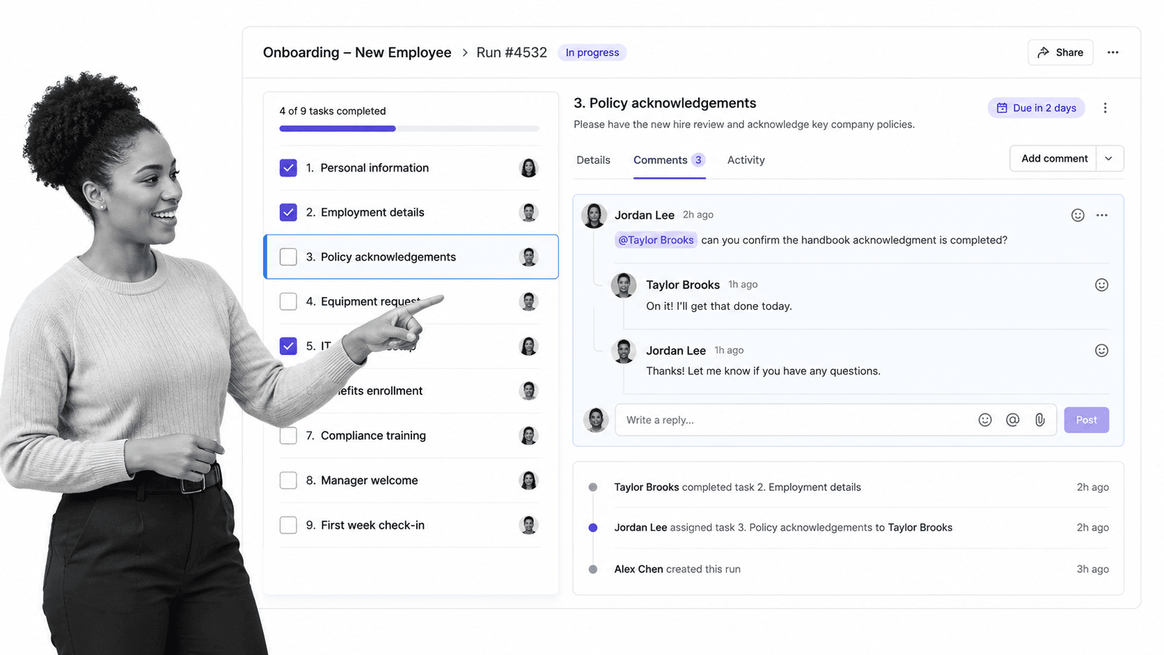 Process Street workflow run showing an open task comment thread and activity feed for team communication