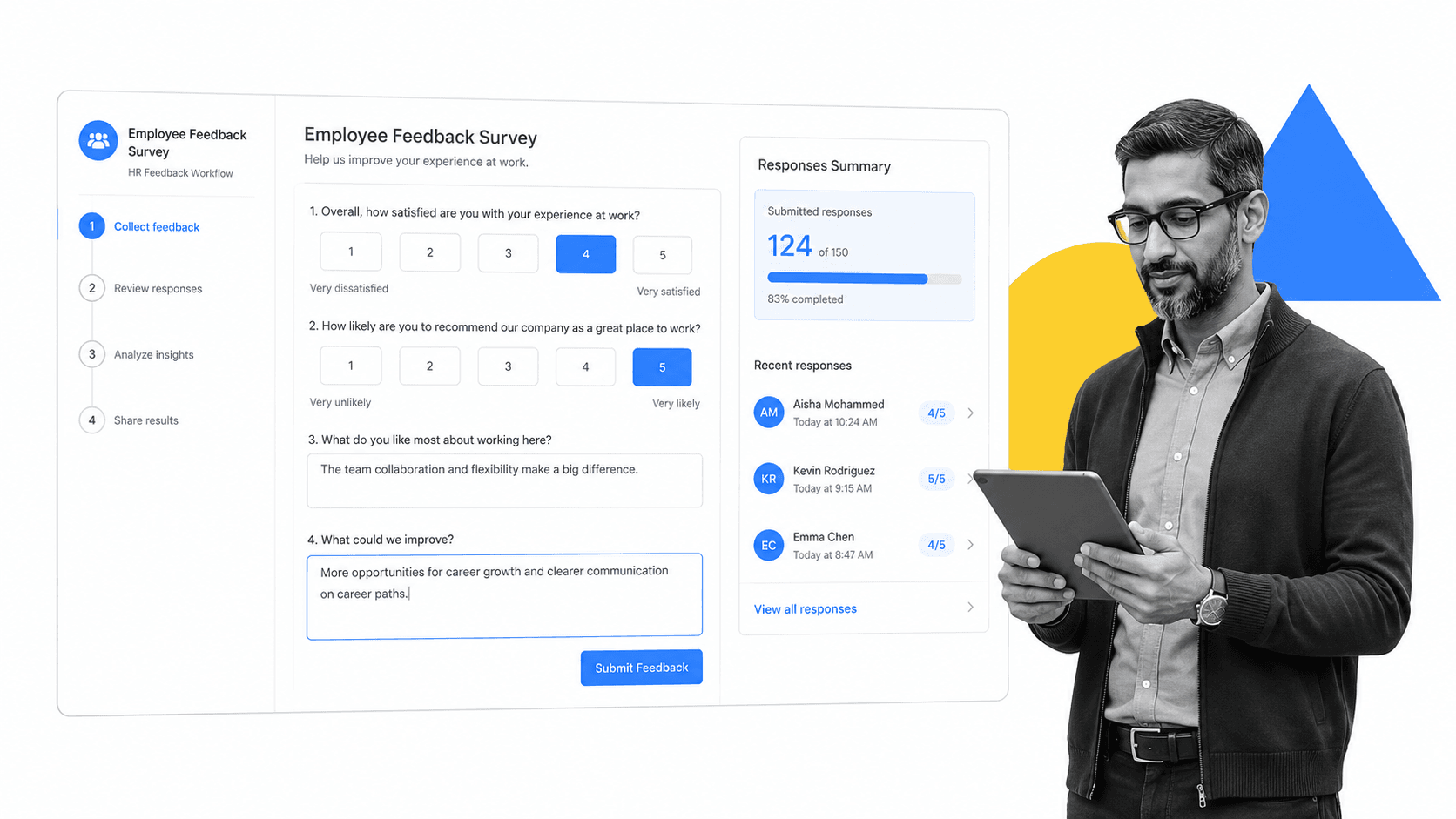 Process Street employee feedback survey form with rating scales and a responses summary