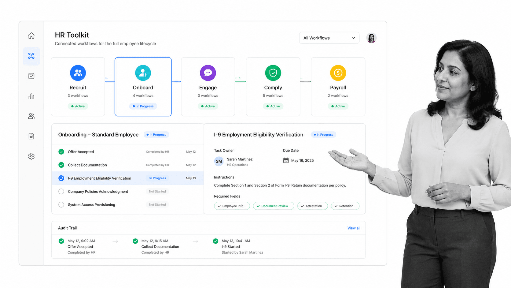 HR toolkit dashboard with a black and white HR professional at the edge