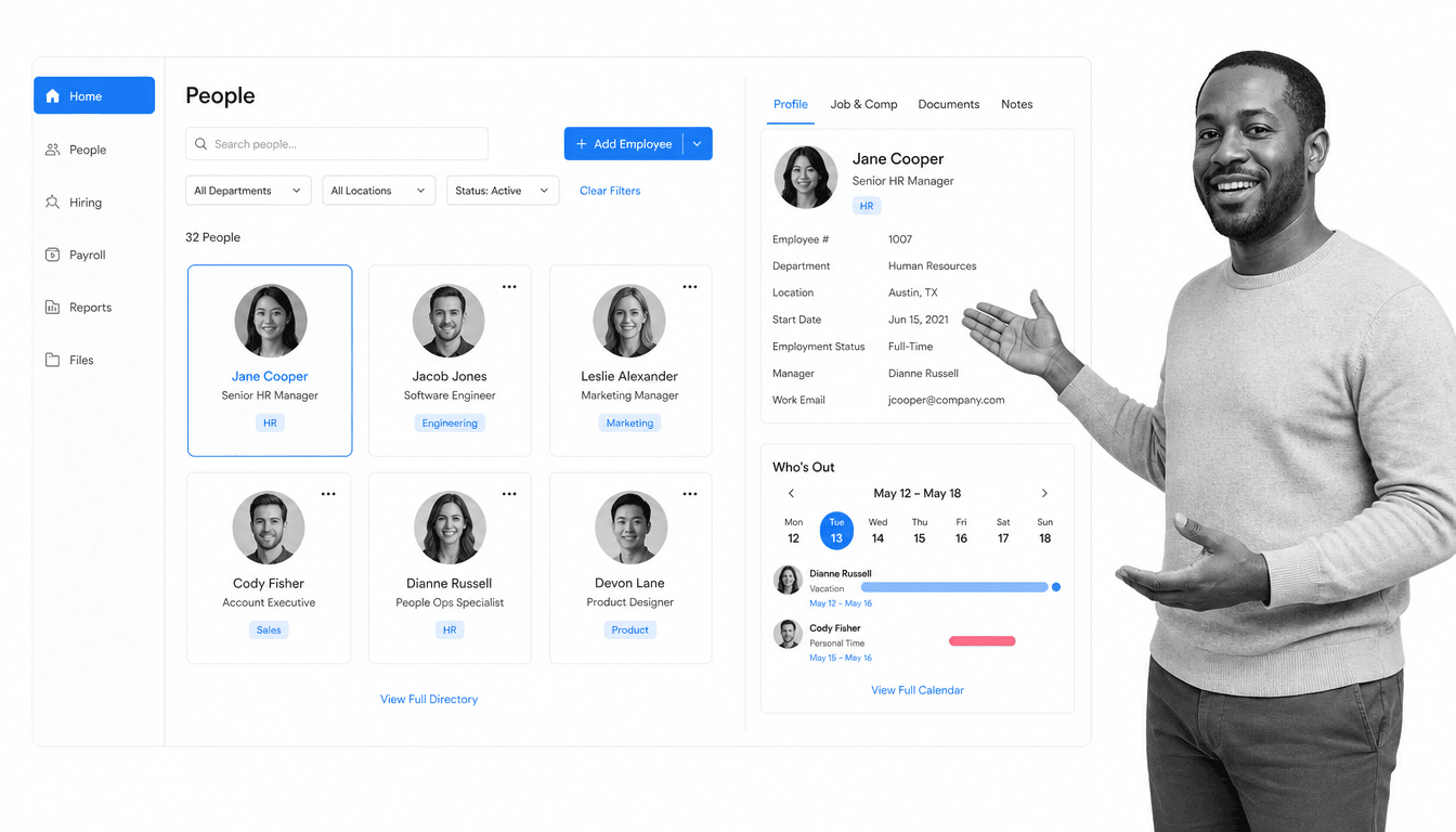 BambooHR HRIS employee directory home screen with a grid of employee profile cards, a left navigation sidebar, an employee record, and a Who's Out time-off widget