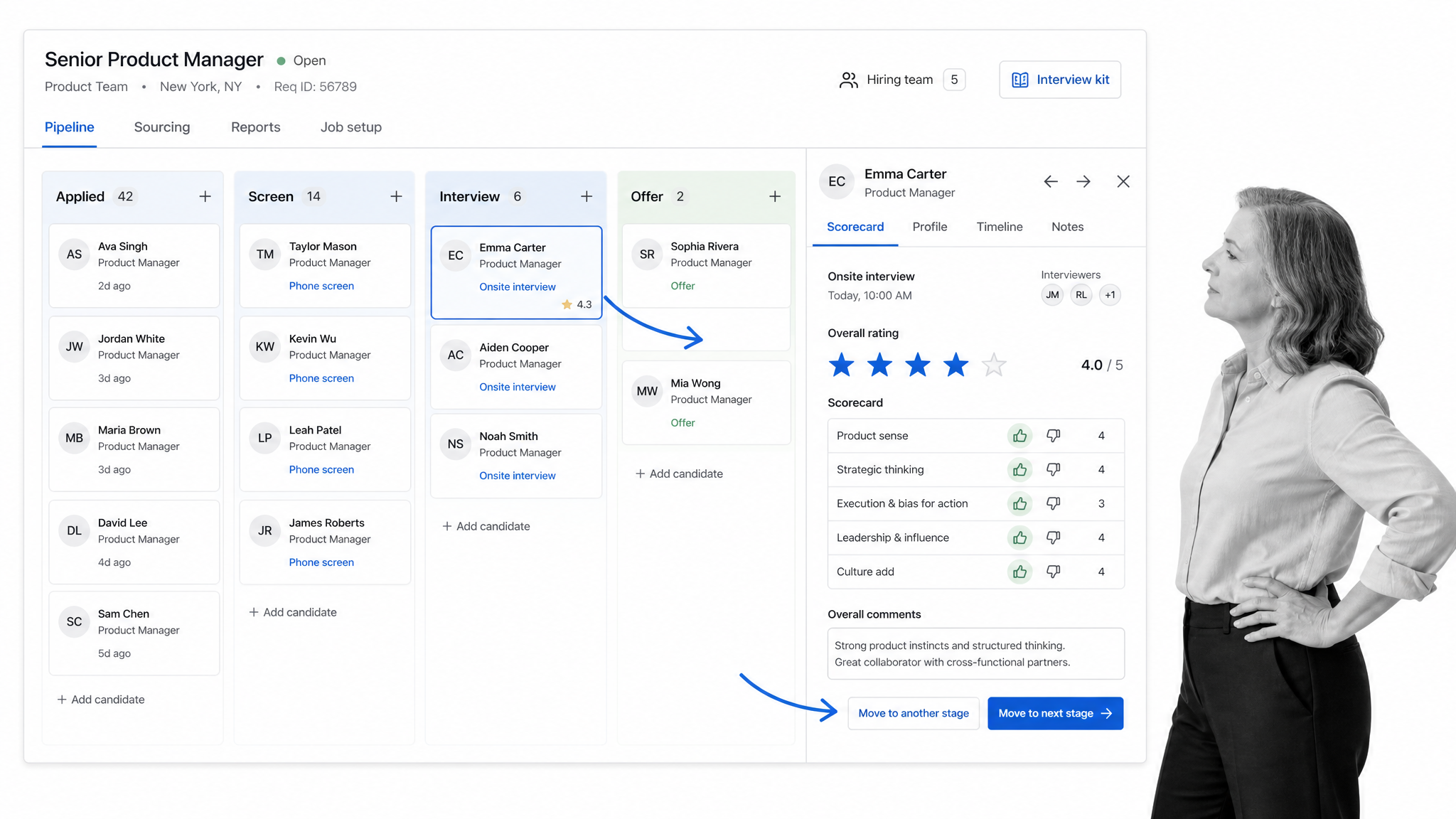 Greenhouse applicant tracking kanban hiring board with candidate pipeline stage columns, candidate cards, and an interview scorecard rating panel