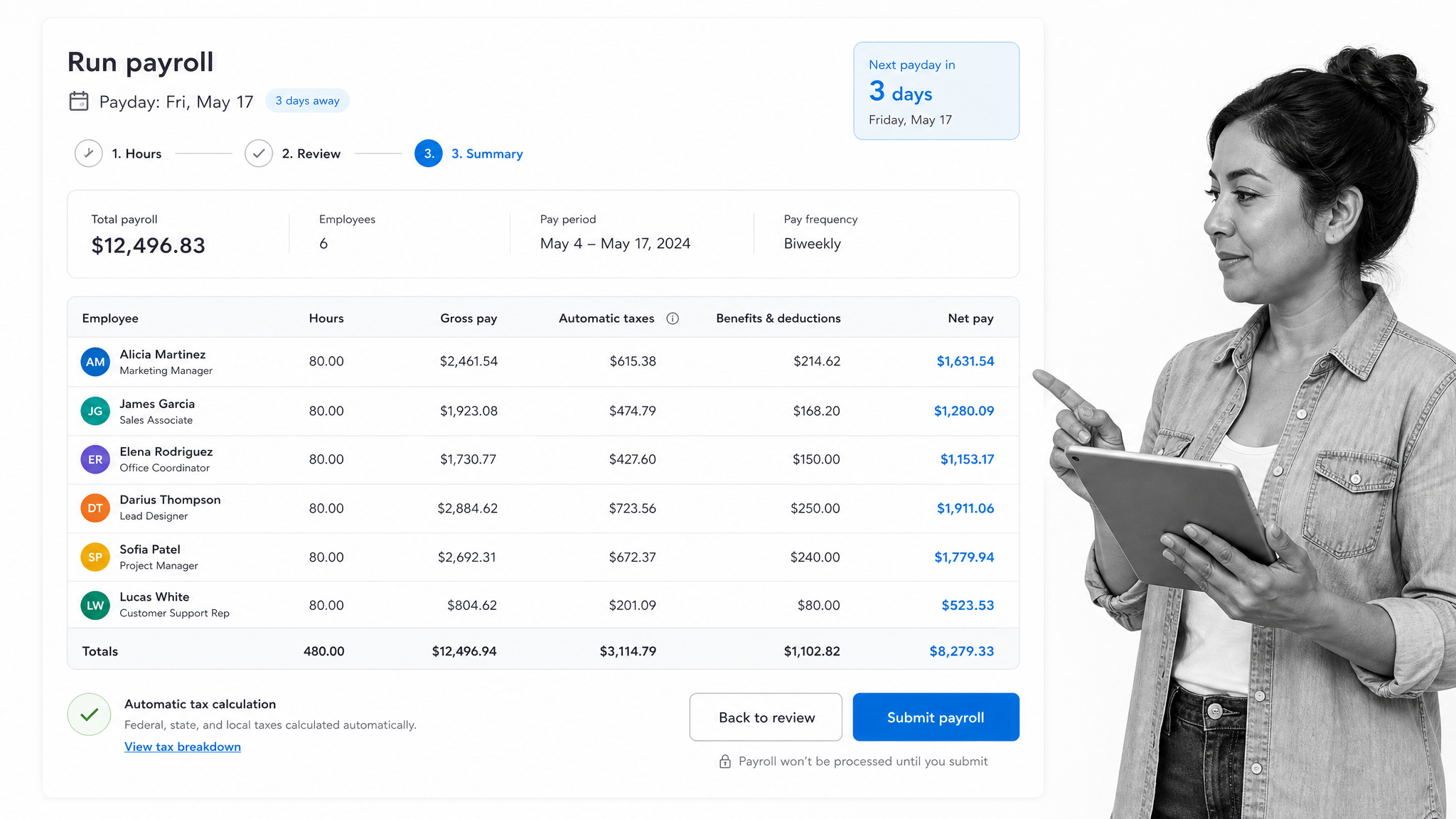 Gusto run payroll summary screen with an employee pay table, automatic taxes, benefits deductions, per-employee net pay, a total payroll amount, and a submit payroll button