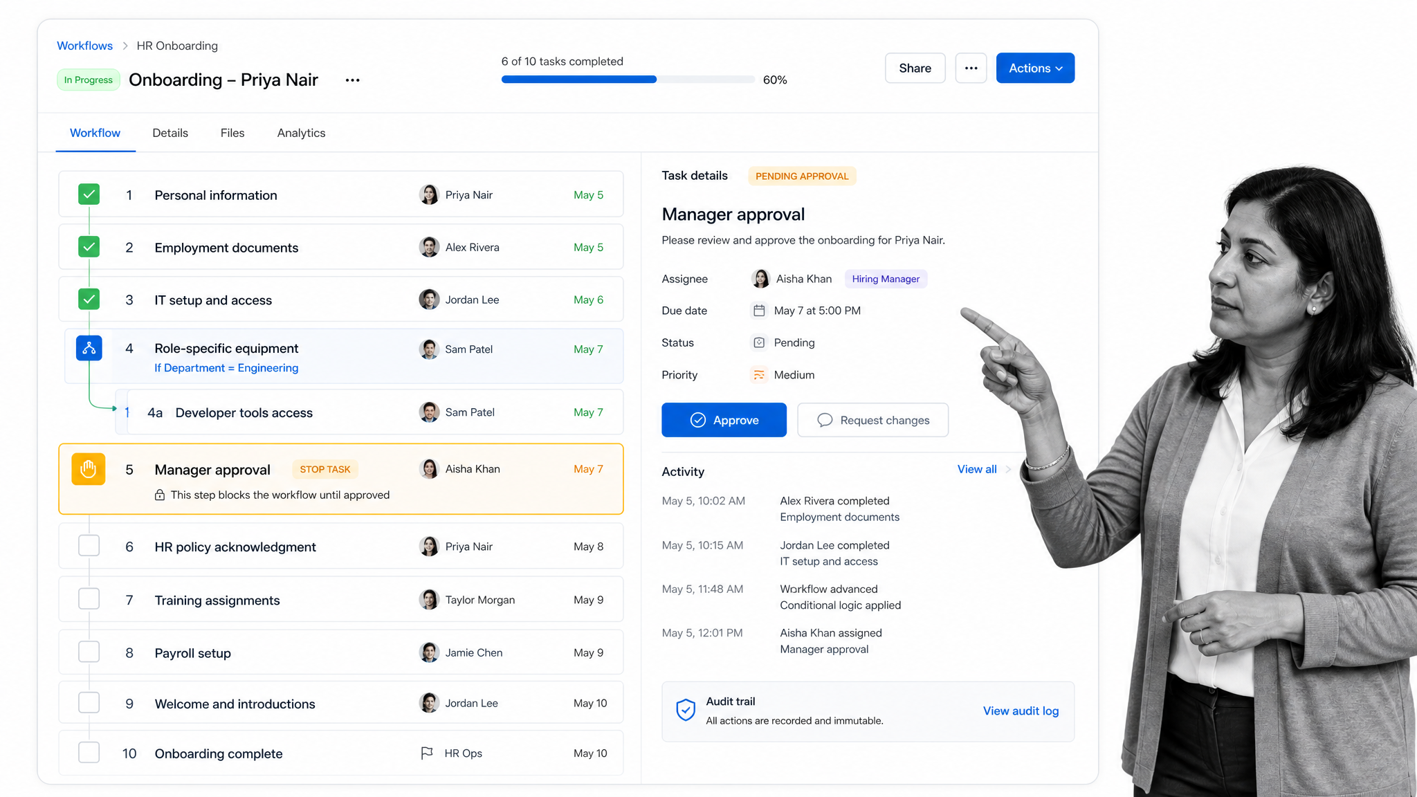 Process Street HR onboarding workflow run screen with a task checklist, conditional logic, a highlighted stop task for manager approval, and an audit trail
