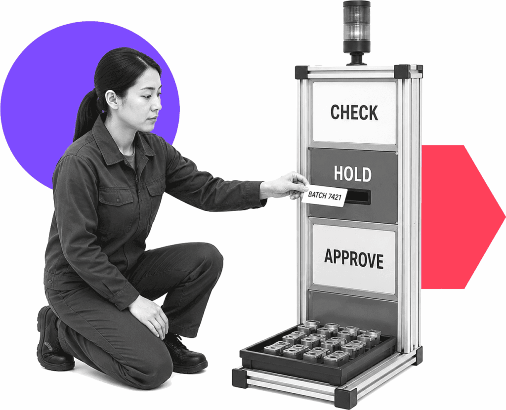 Quality supervisor kneeling beside a production checkpoint with labeled check, hold, and approve markers.