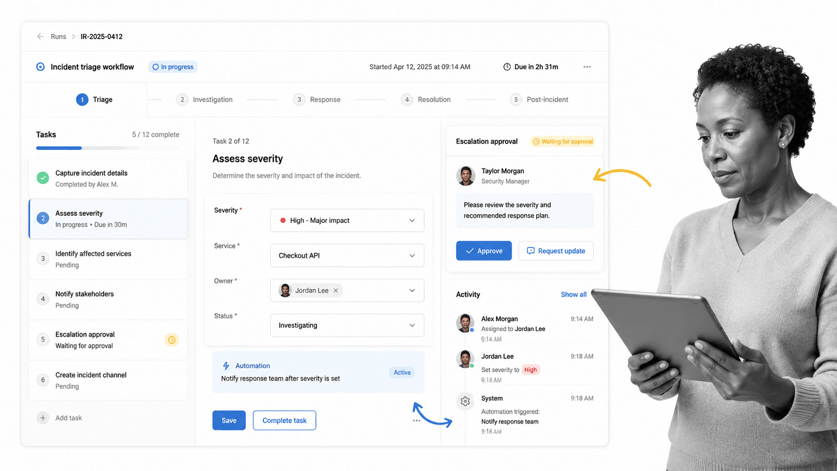 Process Street incident management UI for Repeatable incident response workflows with approvals and proof