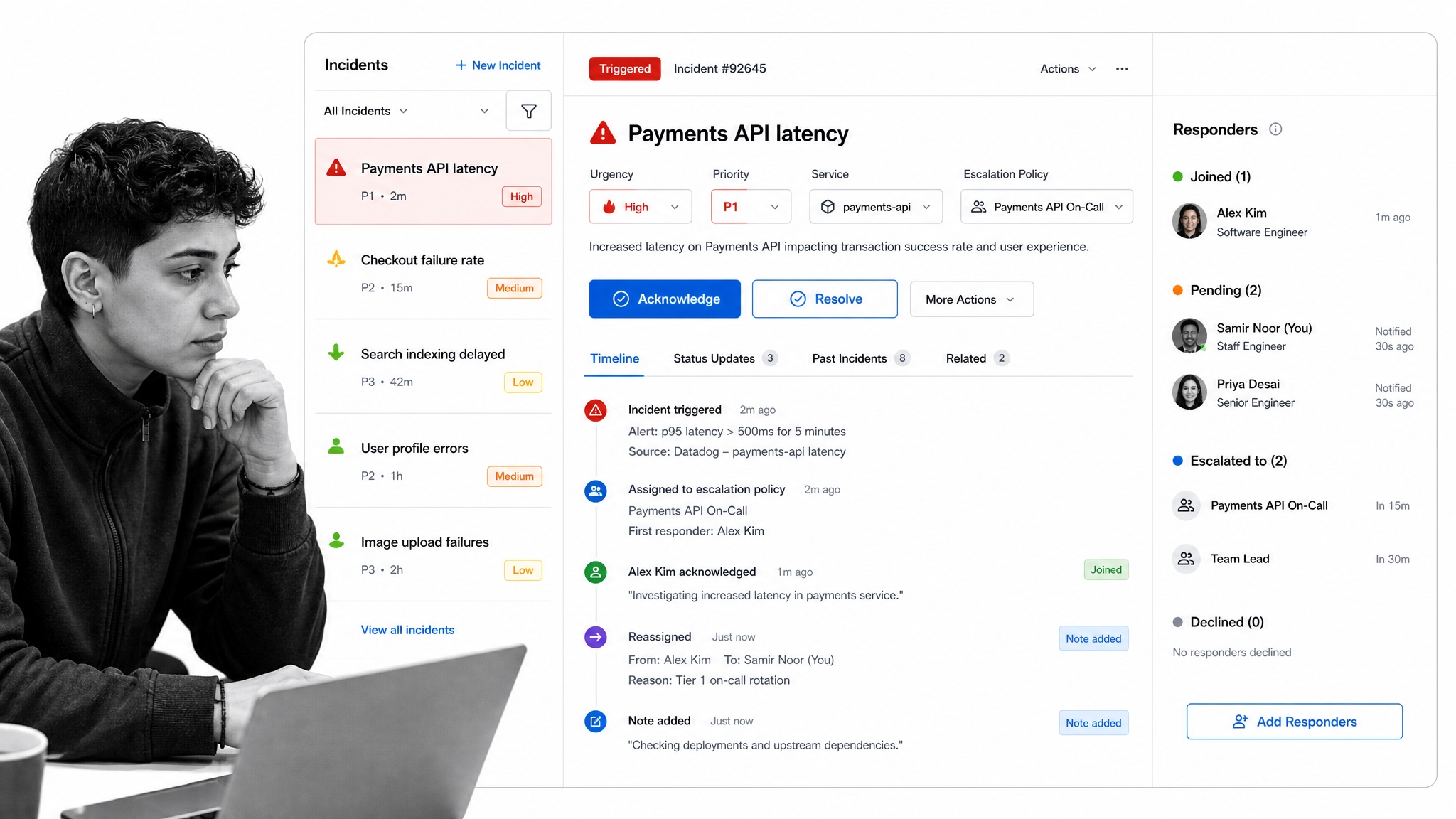 PagerDuty incident management UI for Real-time on-call response and escalation