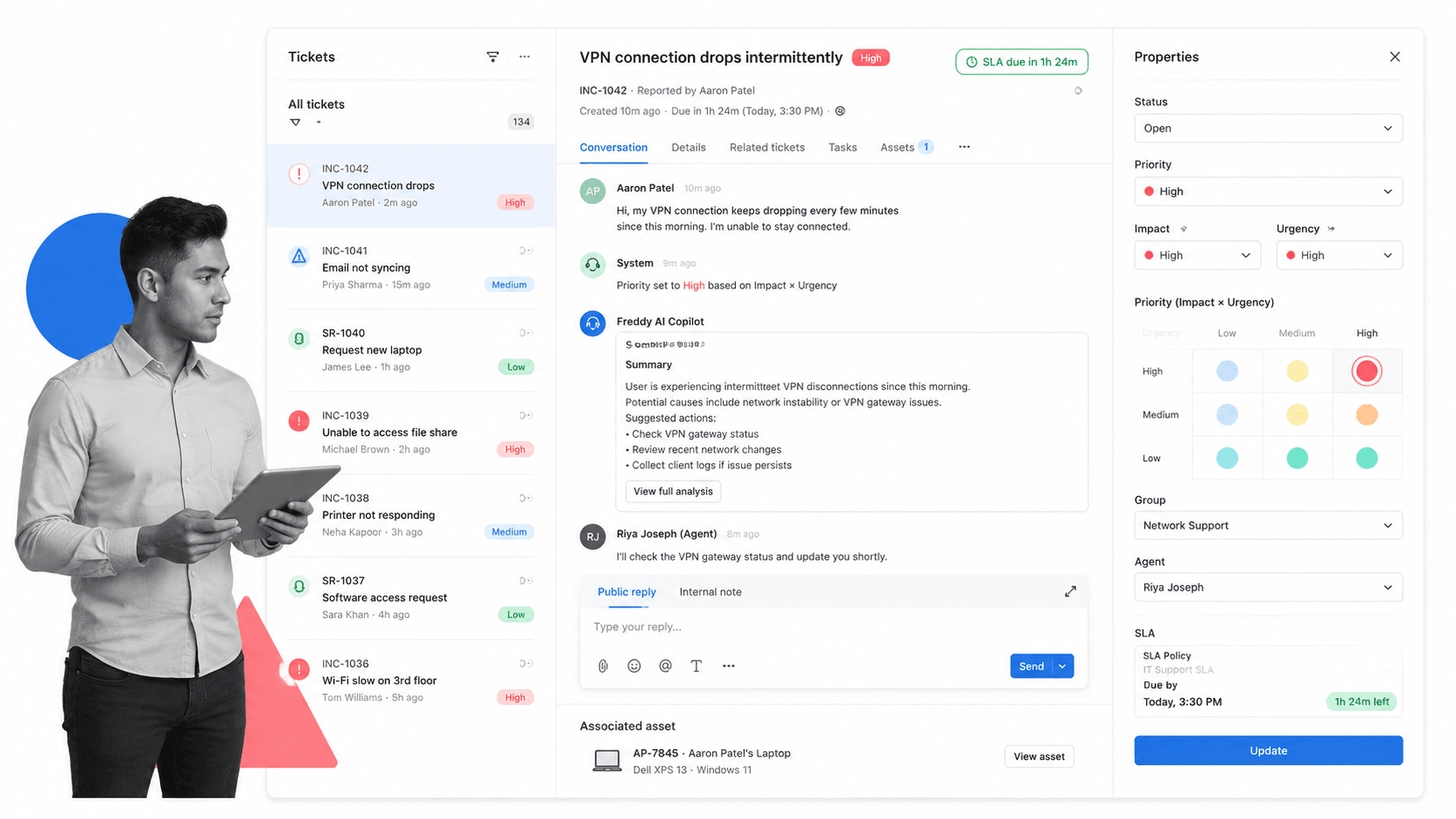 Freshservice incident management UI for Mid-market IT service desk incident handling
