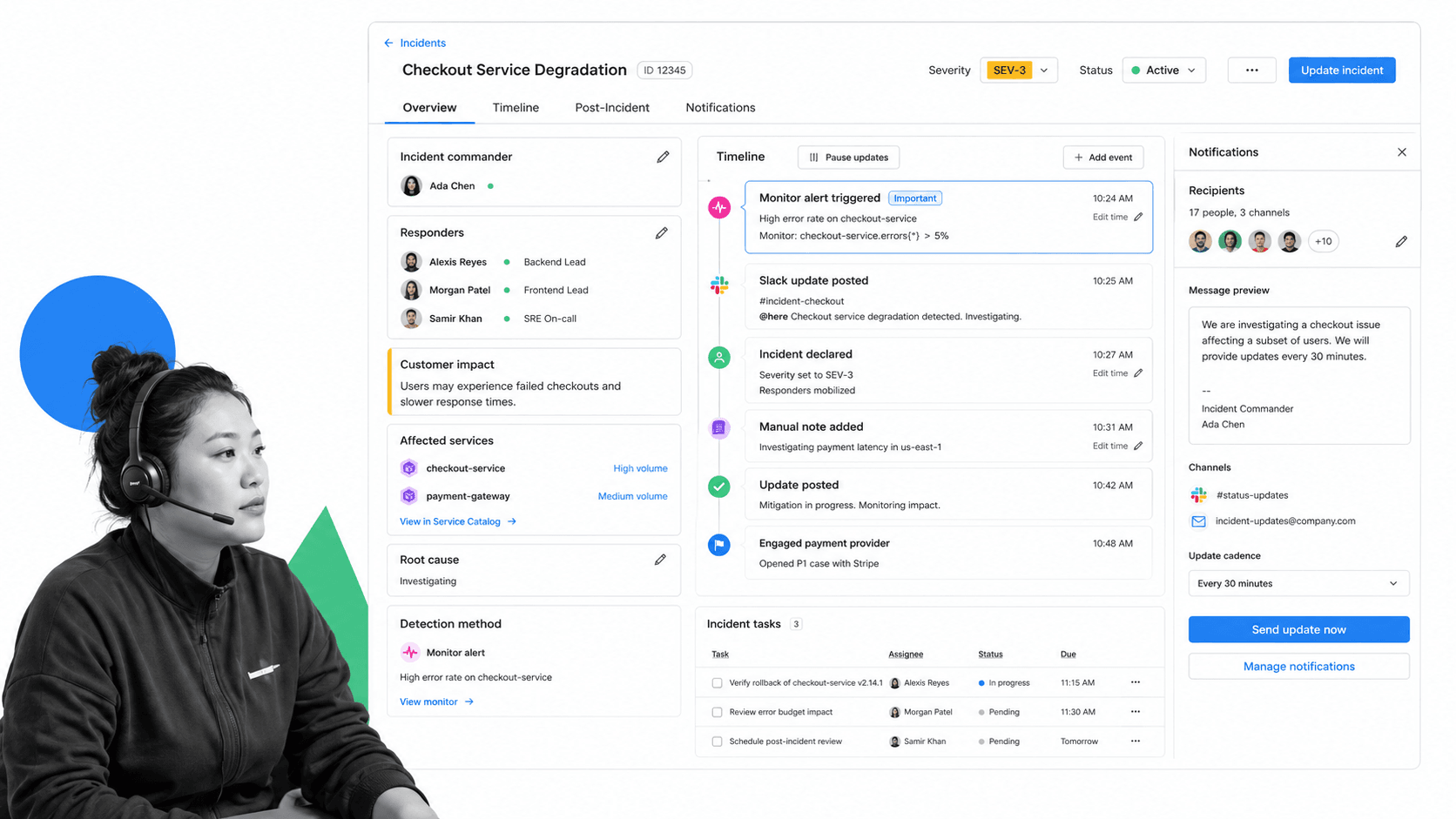 Datadog Incident Management incident management UI for SRE teams coordinating incidents from observability context