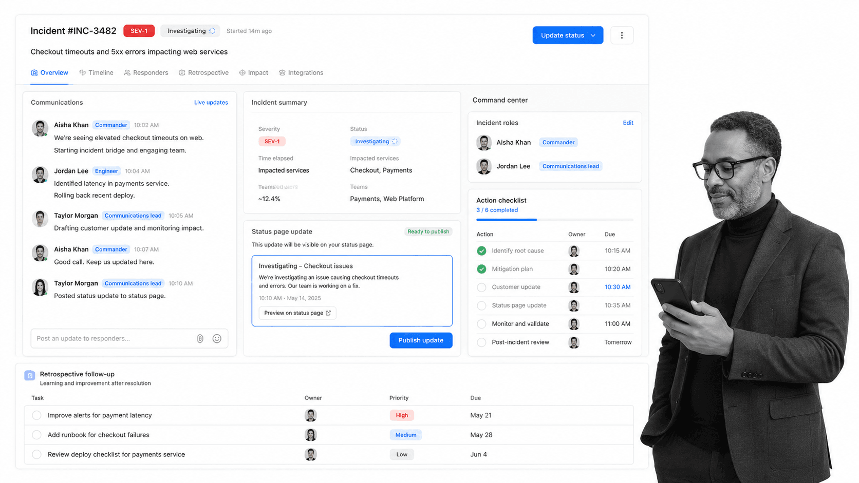 incident.io incident management UI for Slack-native incident command and learning loops