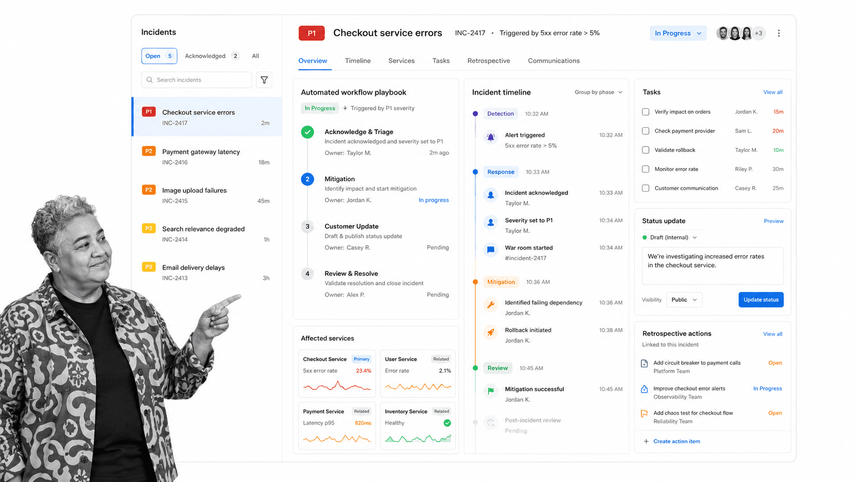 Rootly incident management UI for Incident response automation and postmortem workflows