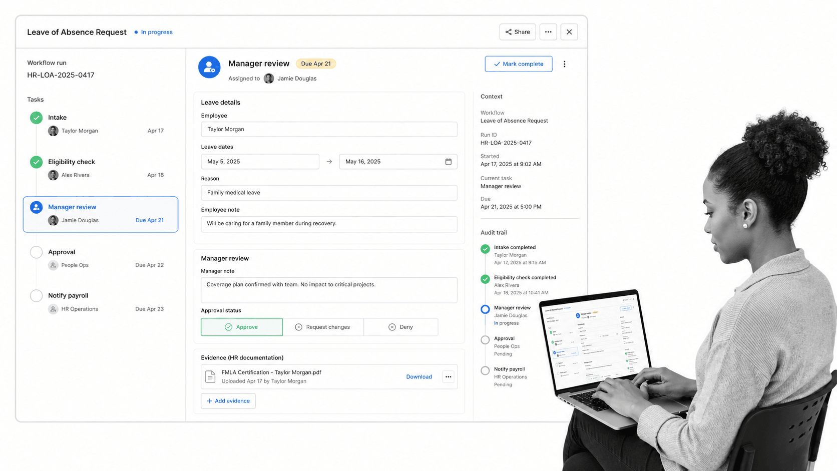 Process Street leave of absence workflow run with manager review task selected.