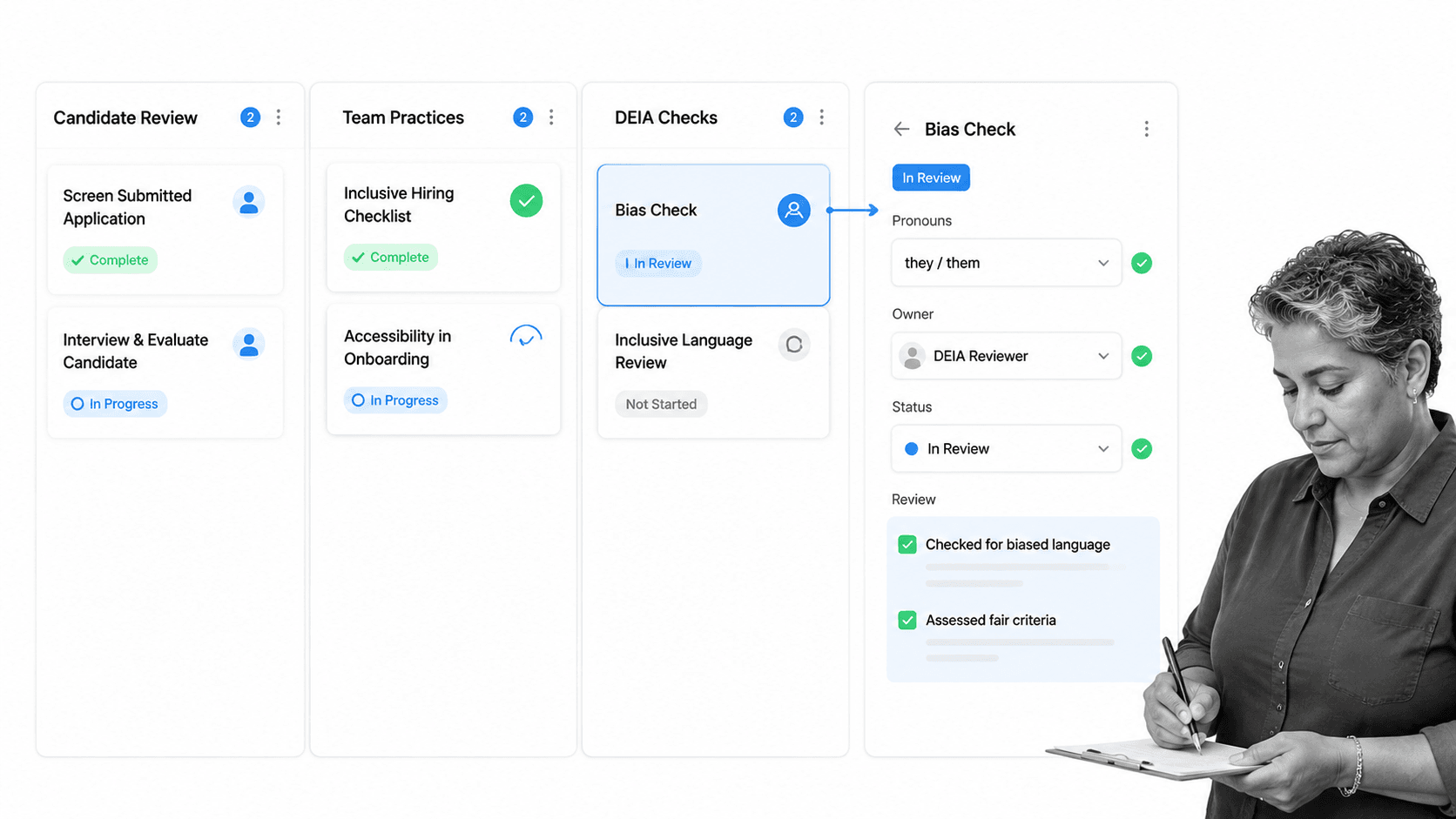 Process Street-style inclusive HR workflow with DEIA checks and a black-and-white reviewer.