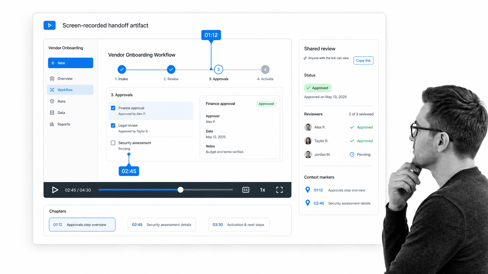 Remote teammate preparing a screen recorded handoff artifact