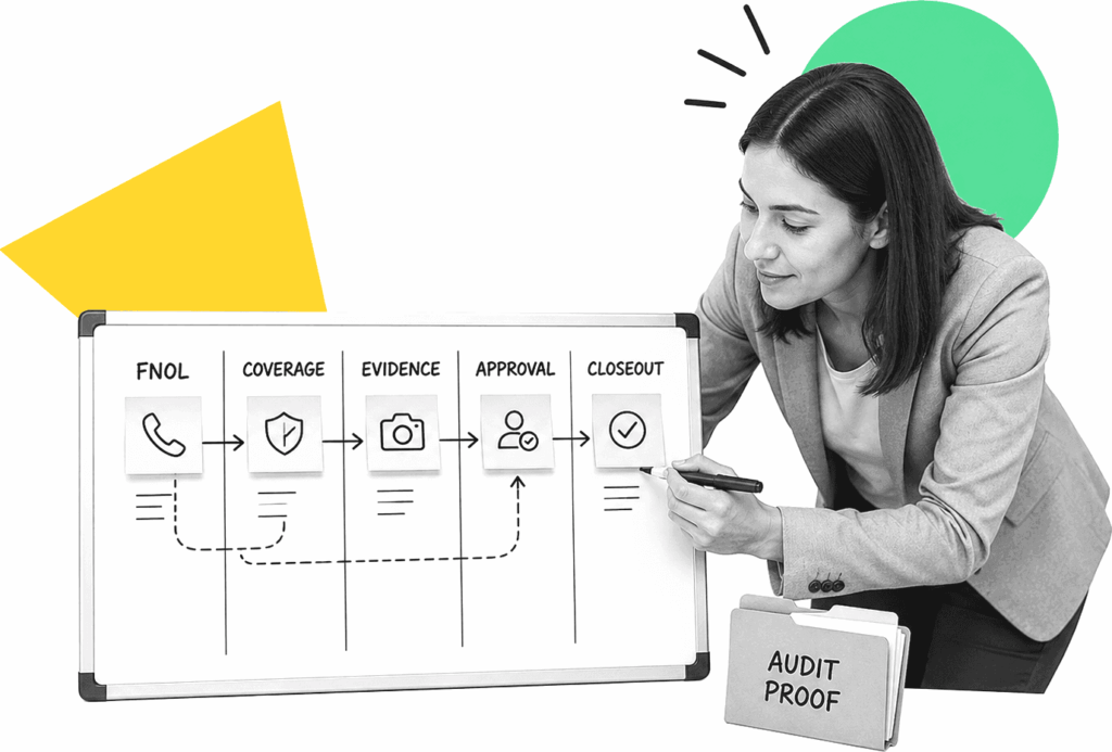 An insurance claims manager reviewing labeled claim checklist cards on a workflow board.