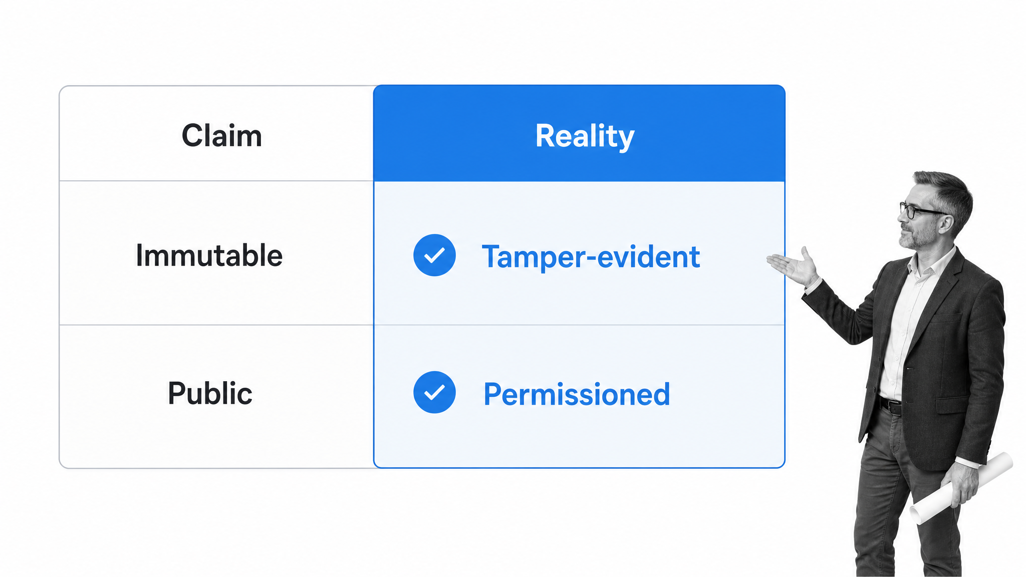 Blockchain claim-versus-reality matrix contrasting immutable with tamper-evident and public with permissioned