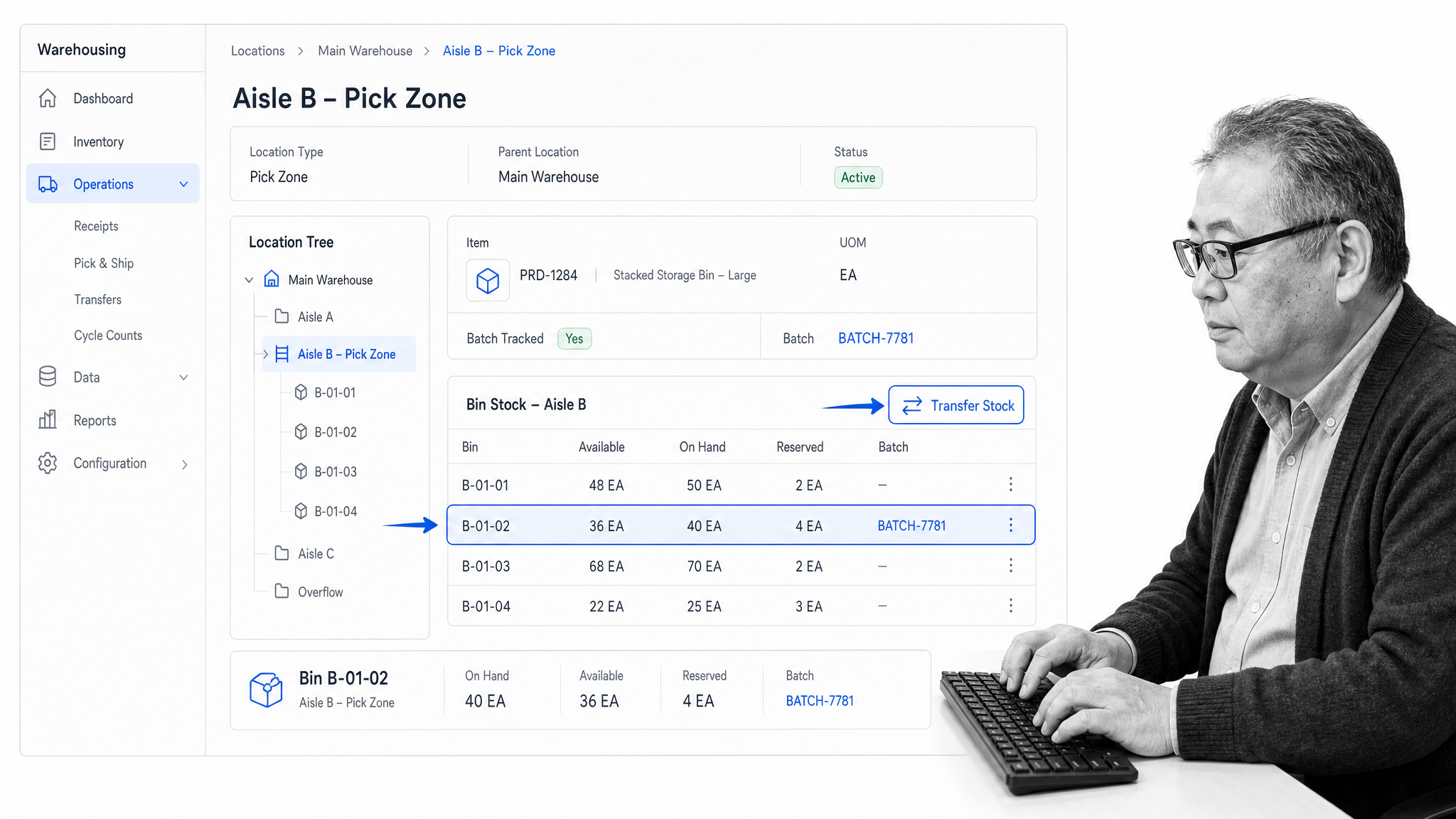 Cin7 Core warehouse dashboard showing locations, bins, pick zones, and batch-tracked stock