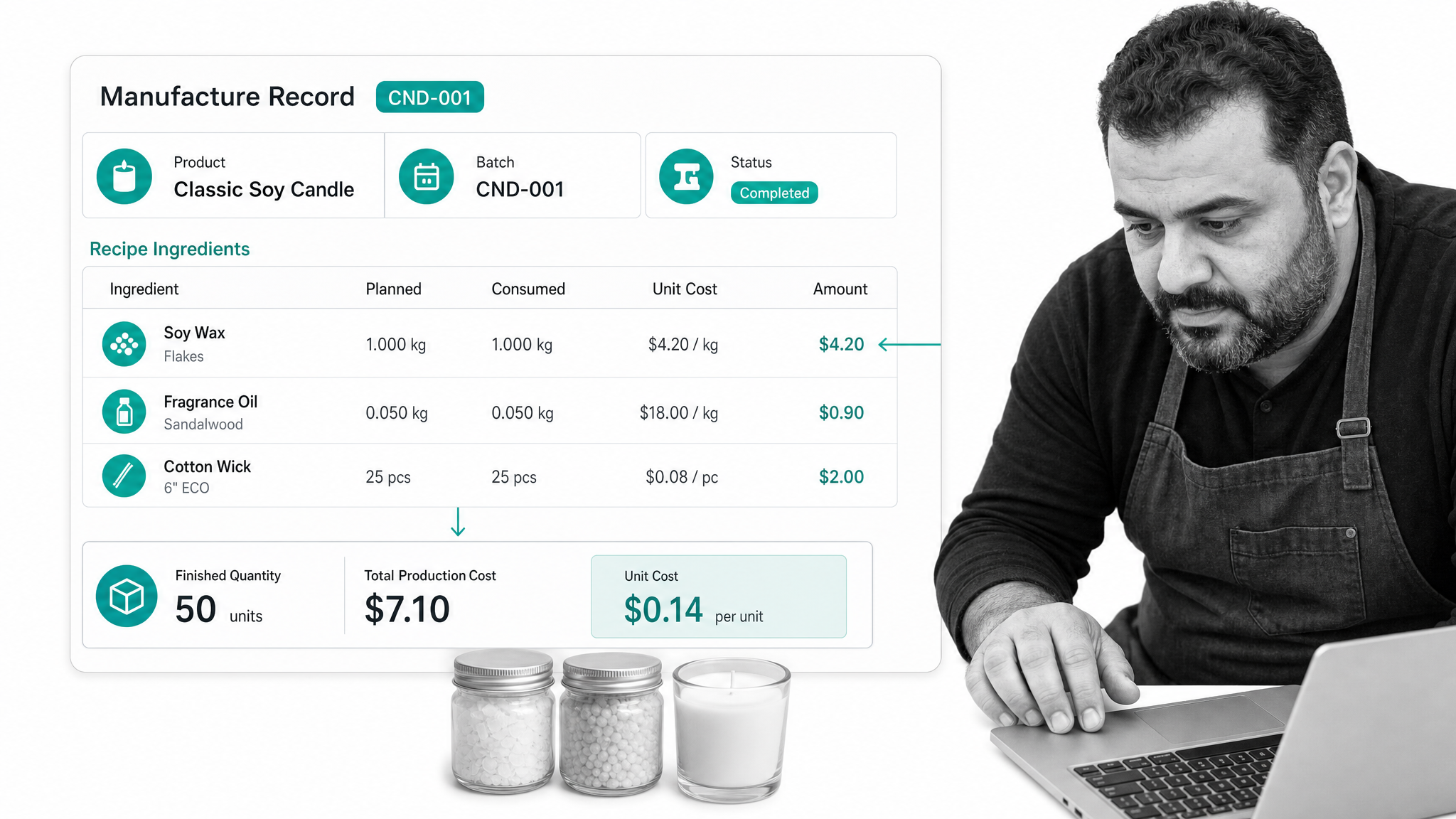 Craftybase manufacture record showing recipe materials, finished quantity, and production cost