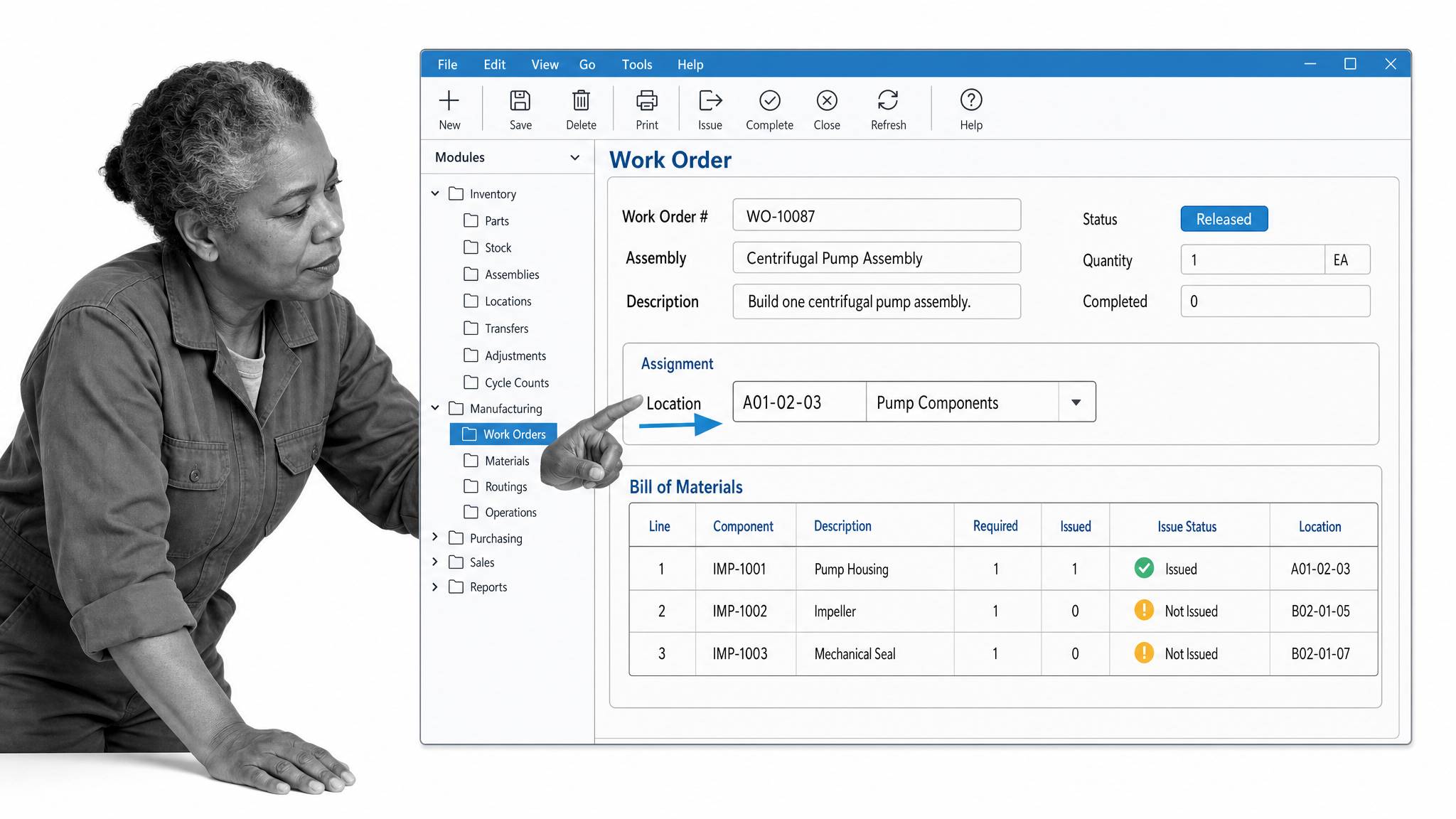 Fishbowl work order with component quantities and assigned warehouse stock location