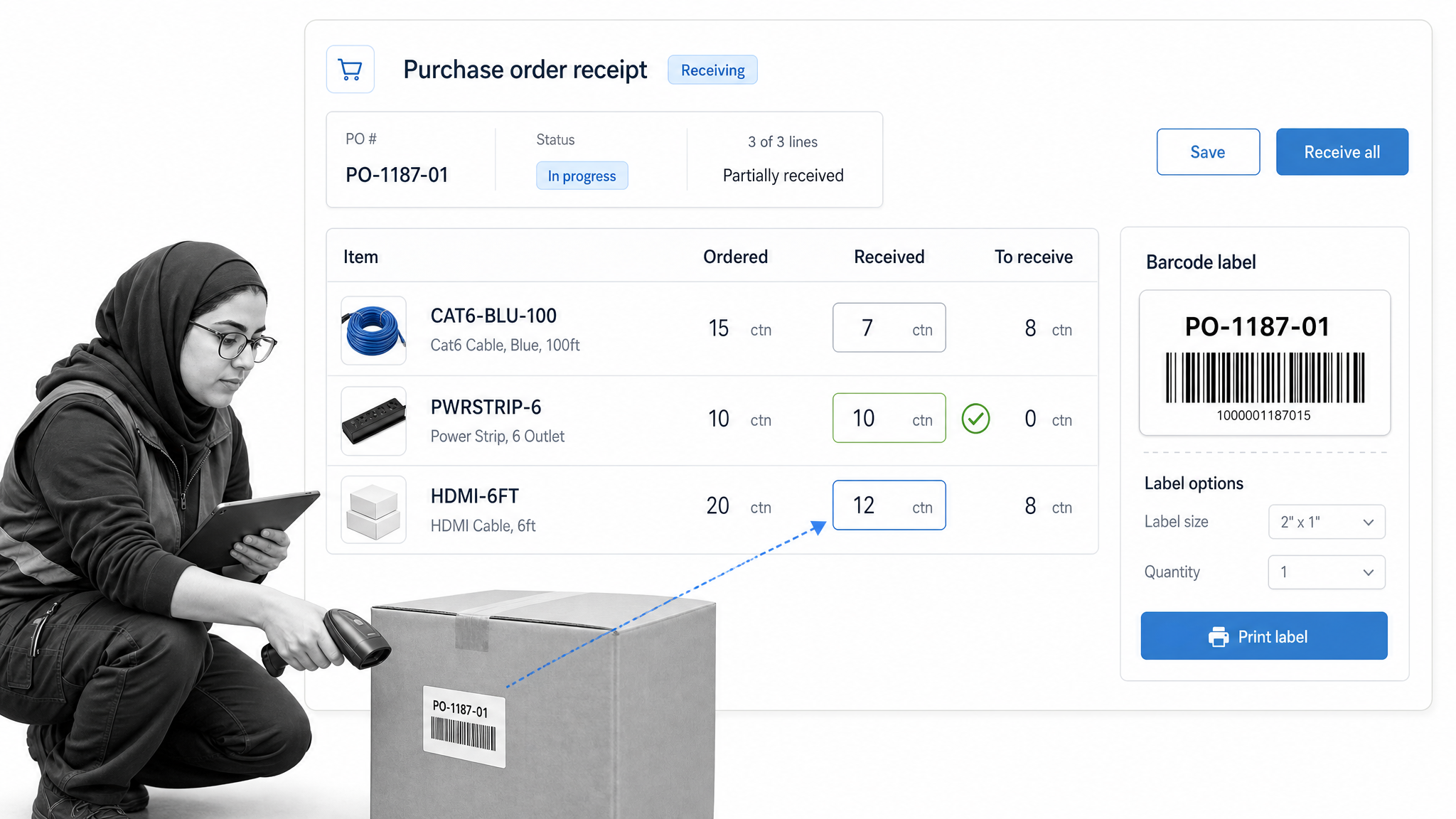 inFlow Inventory purchase order receiving screen with barcode scanning and item quantities