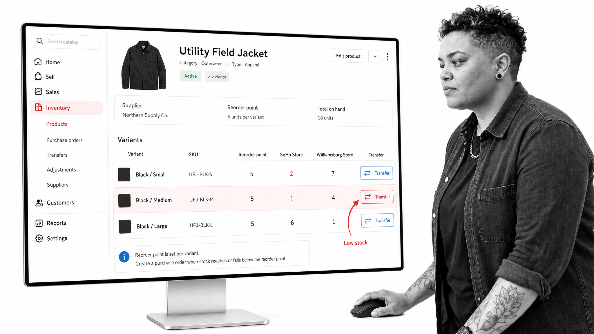 Lightspeed Retail inventory list showing product variants, suppliers, and quantities by store
