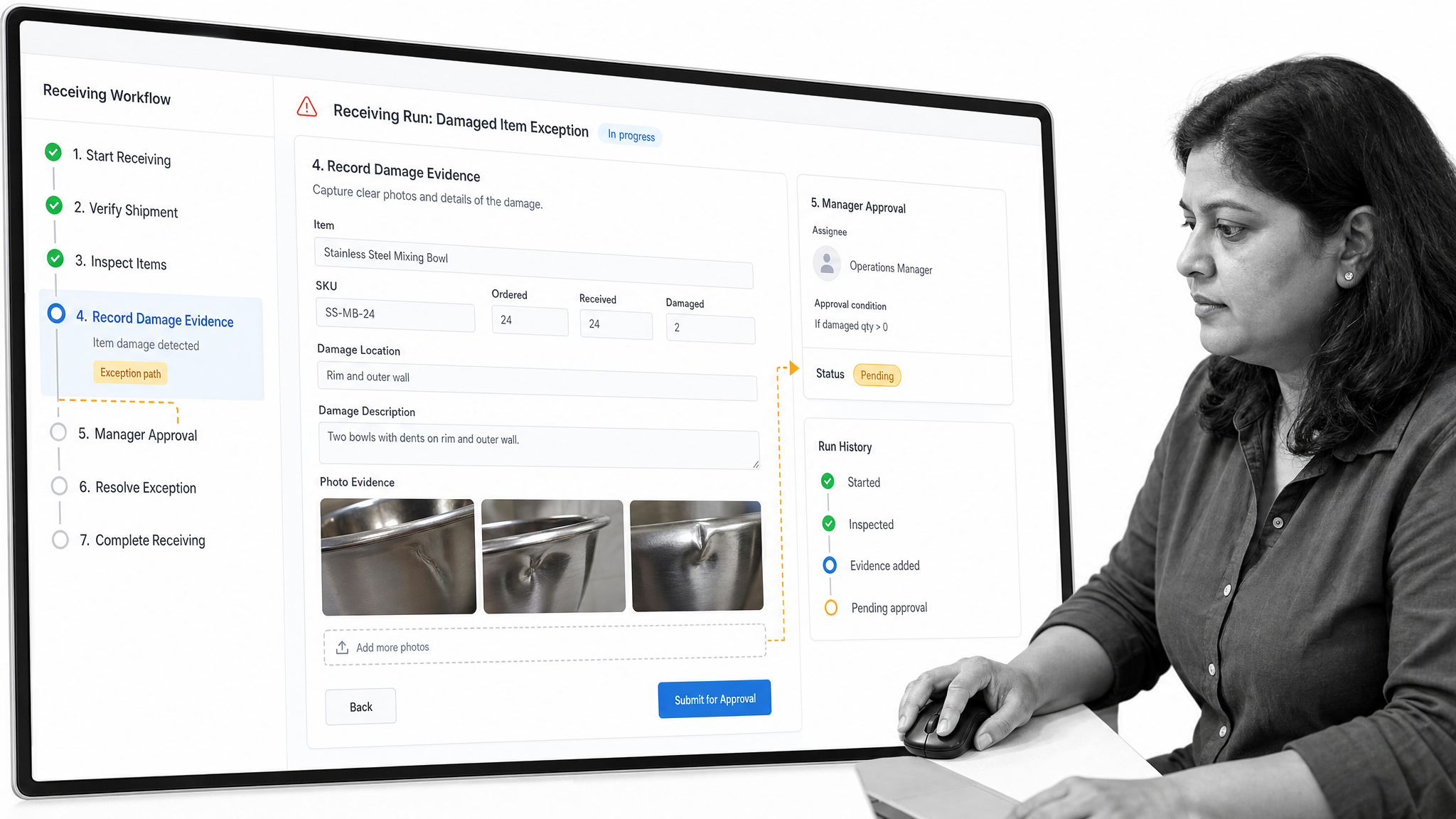 Process Street inventory receiving workflow with tasks, evidence fields, and an approval step